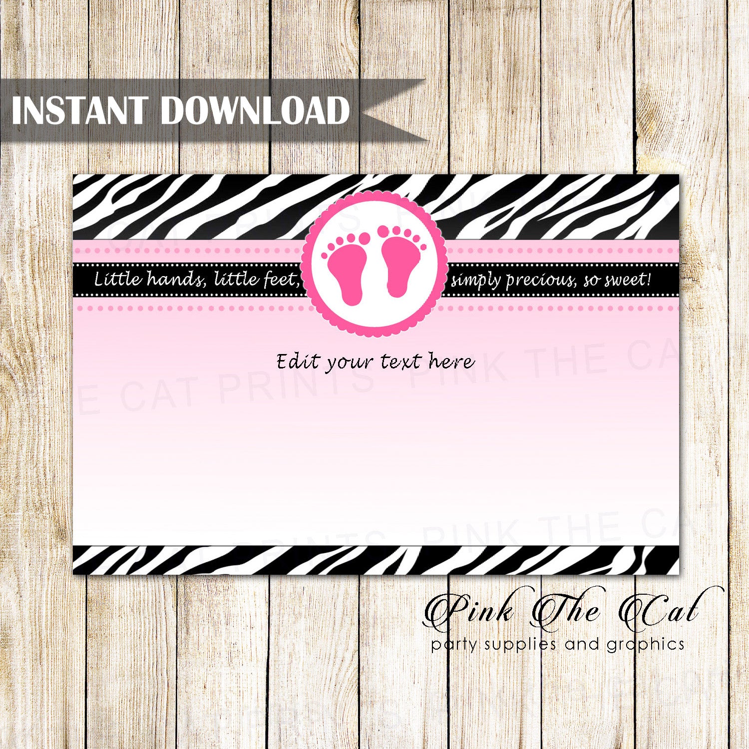 Baby Girl Shower Black Invitation Thank You Card Hot Pink Zebra