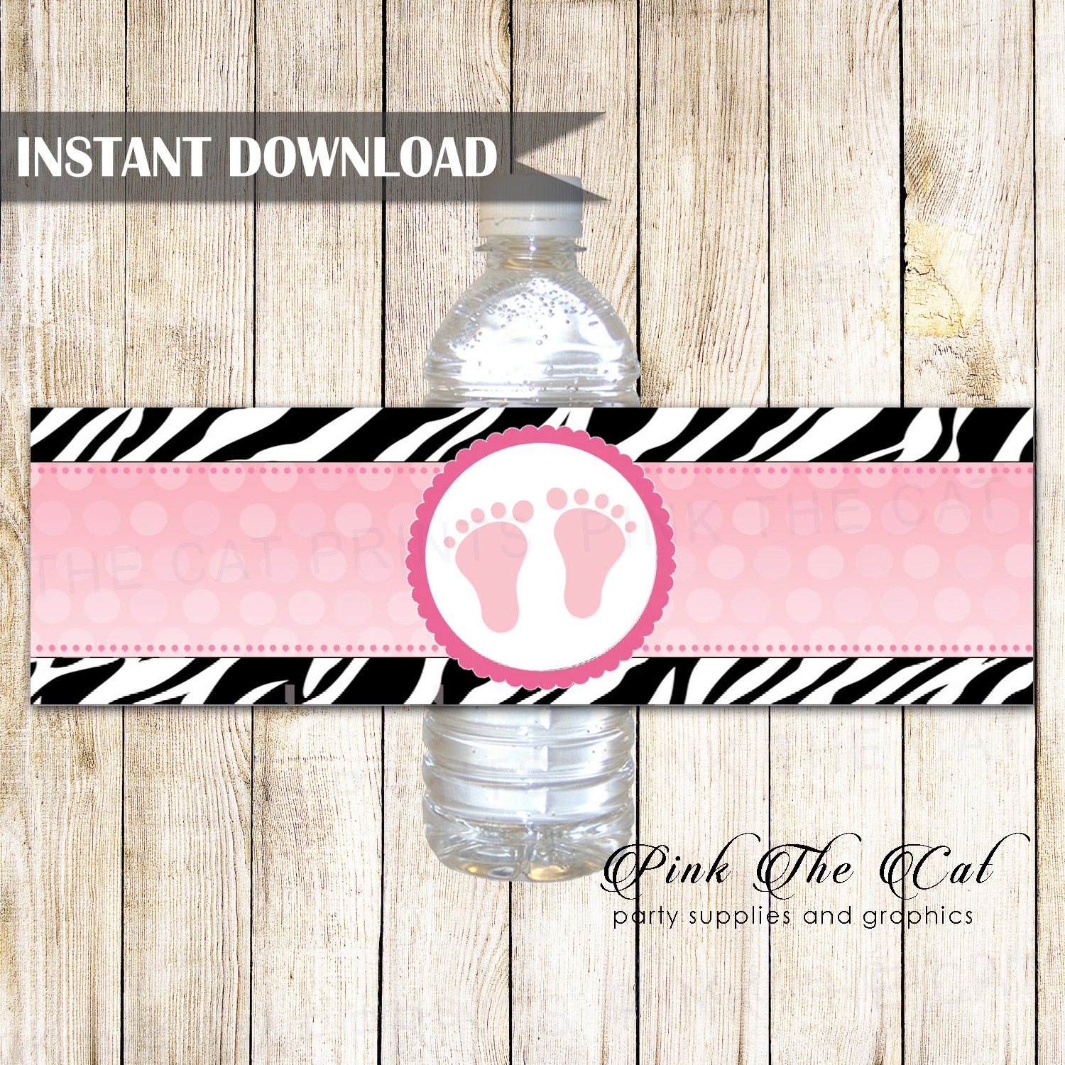 Footprints Pink Zebra Baby Shower Bottle Label Printable