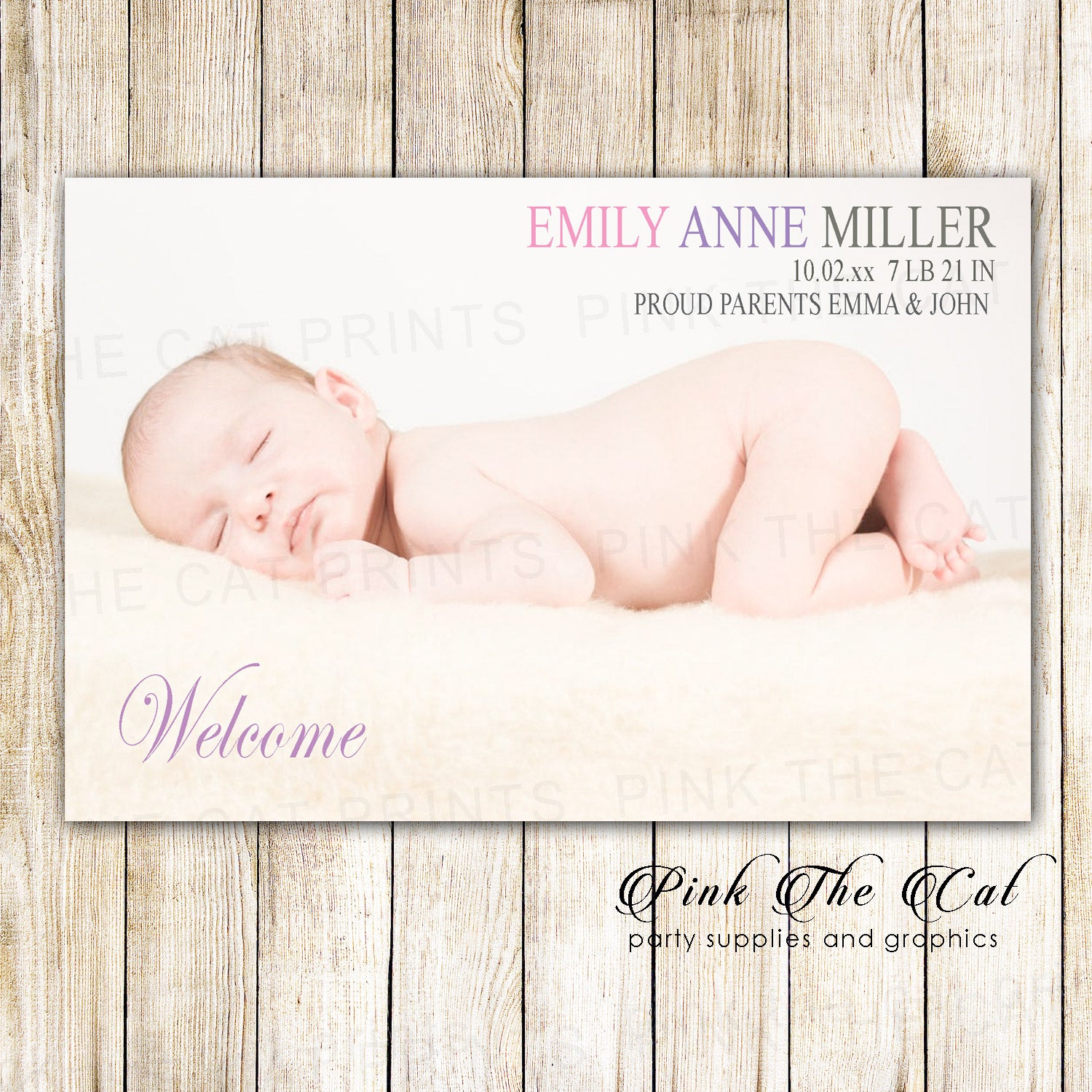 Baby Girl Birth Announcement Photo Card Purple Pink Printable