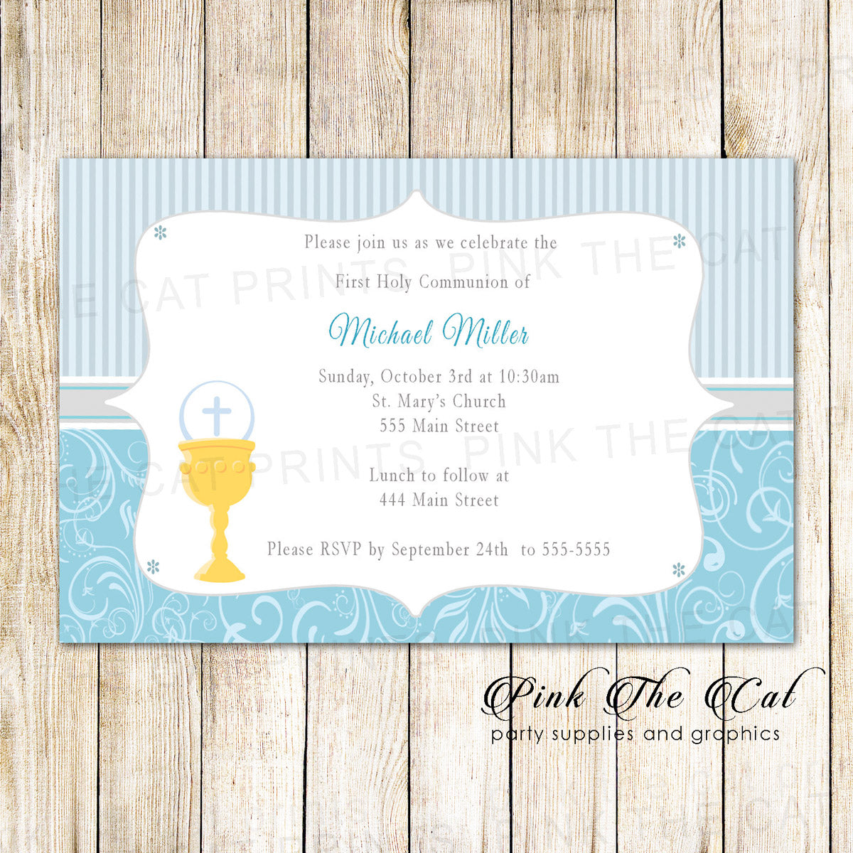 Boy First Communion Invitation Blue Silver Gold Chalice