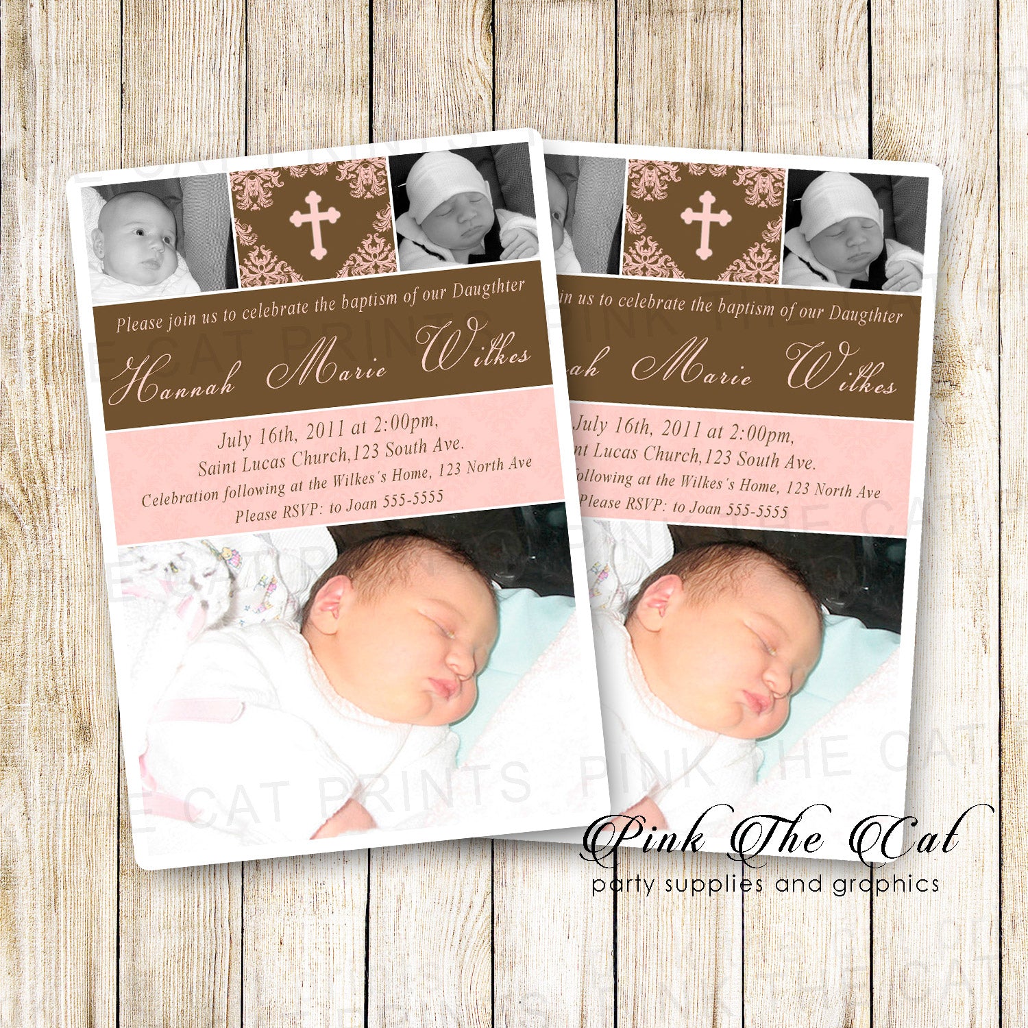 30 invitations girl baptism christening pink brown with photo