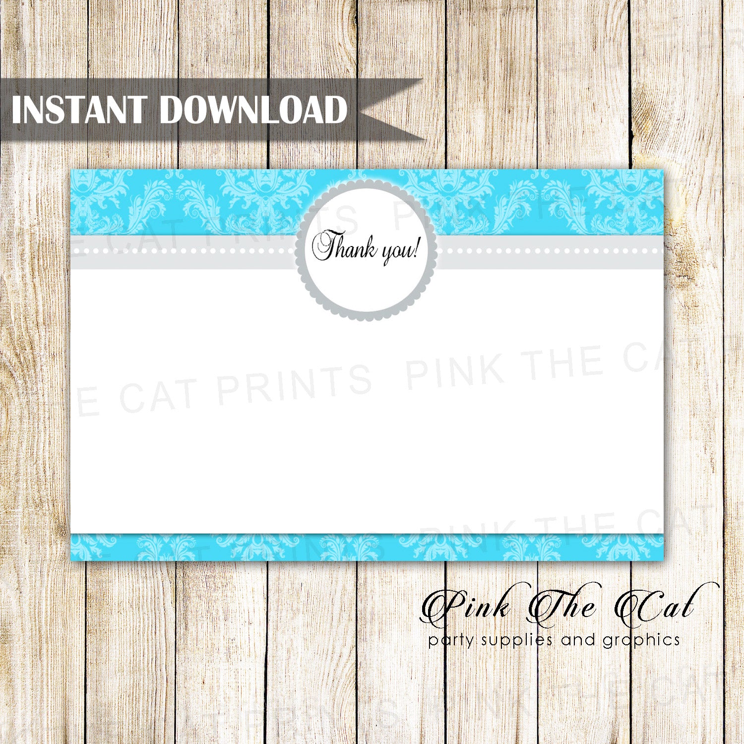Turquoise silver damask thank you card any event printable