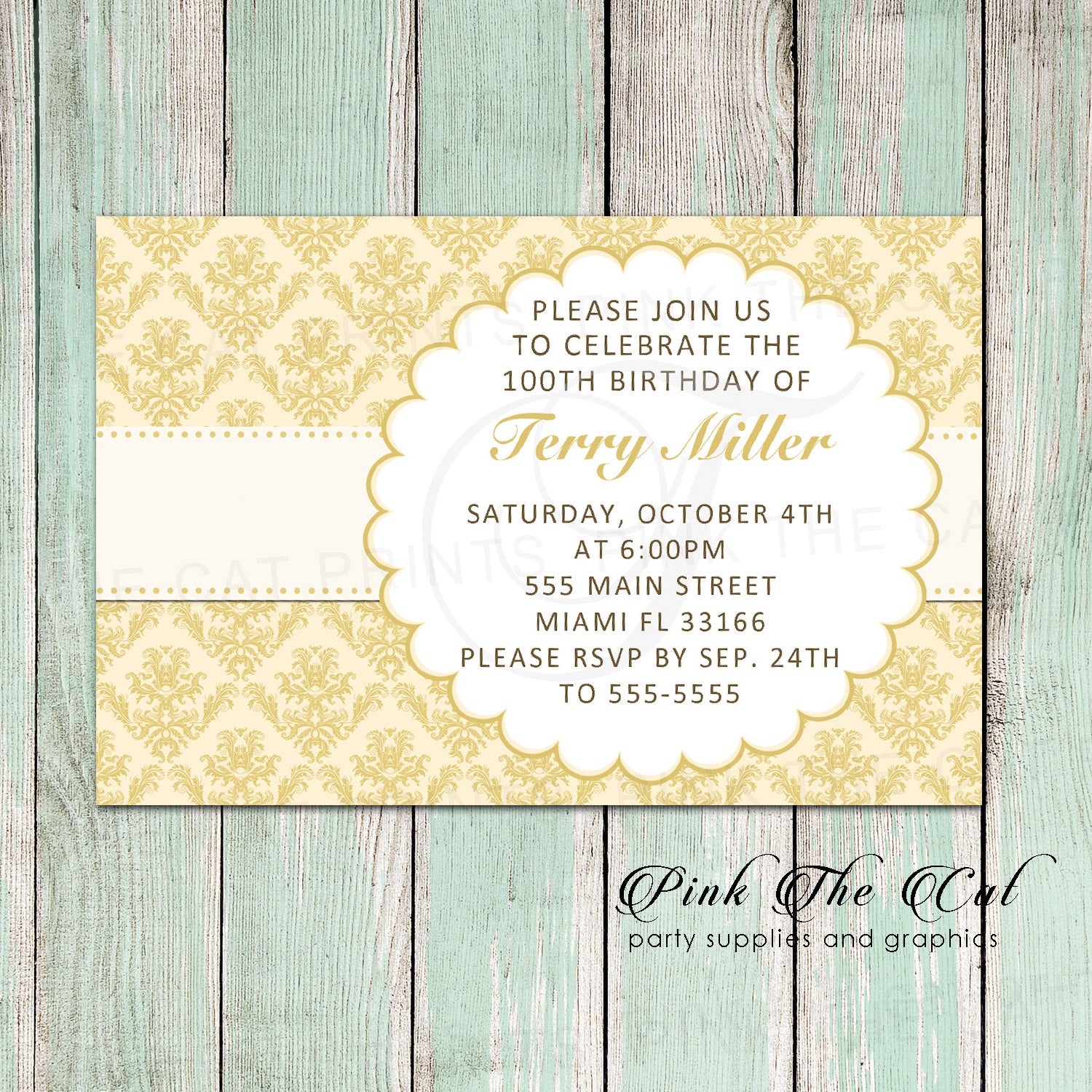 Adult 50th Birthday Invitation Damask Gold Any Age Printable