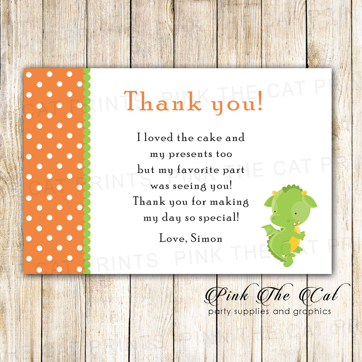 Dragon Thank You Card Orange Green Baby Shower Birthday