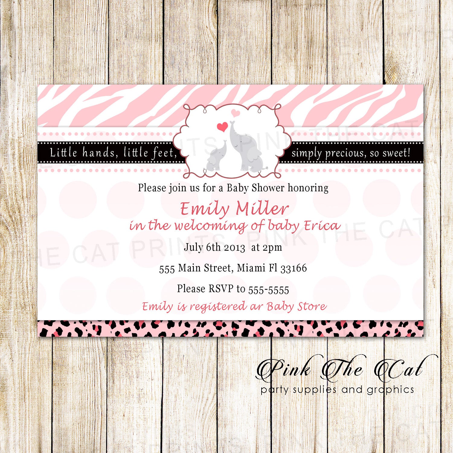 30 invitations elephant girl baby shower pink black animal print