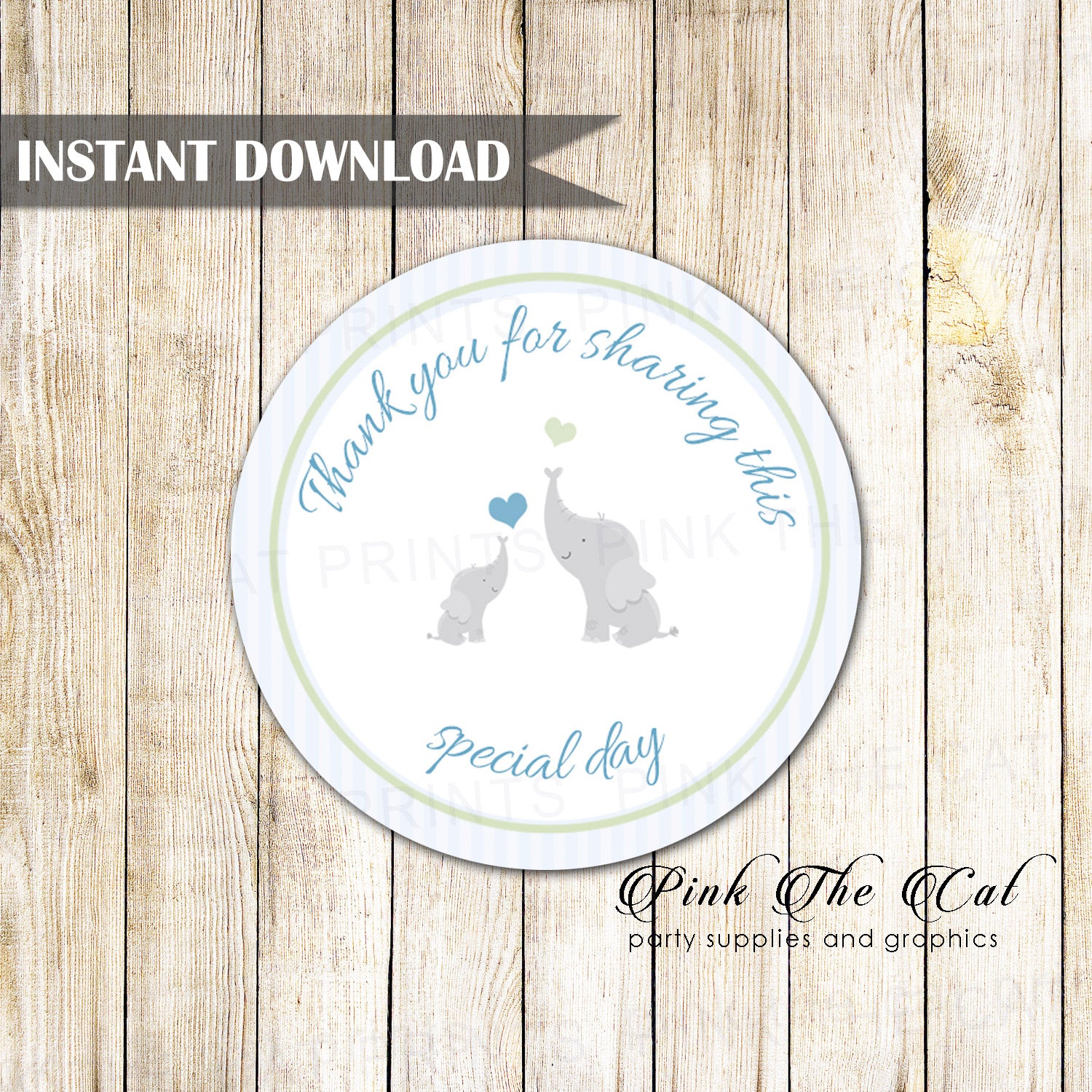 Elephant Favor Label Baby Shower Blue Stripes Printable