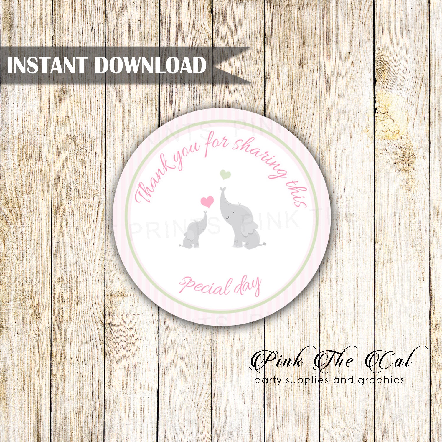 Pink Striped Elephant Baby Shower Favor Label Tag Printable