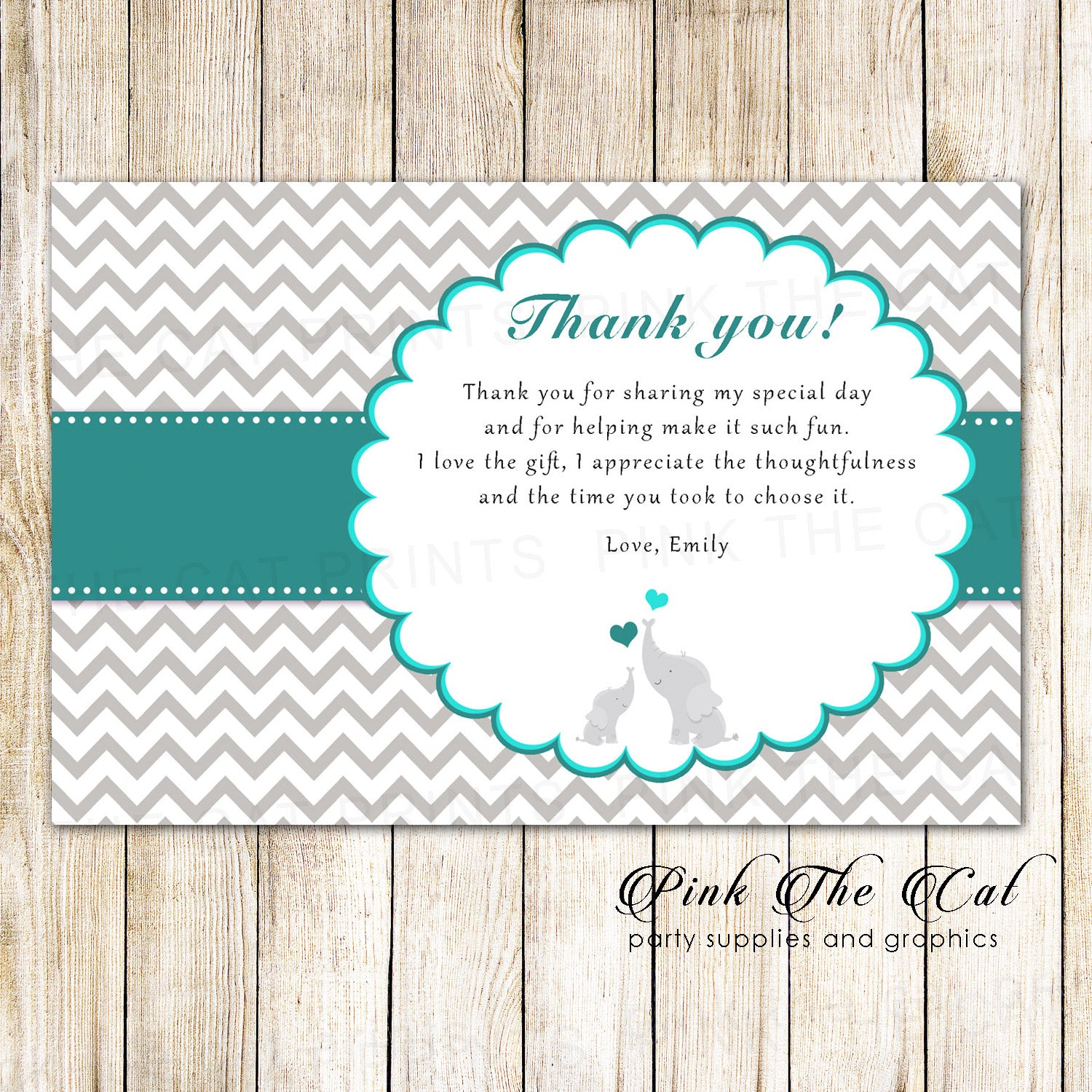 Teal Silver Elephant Thank You Note Card Baby Shower Printable