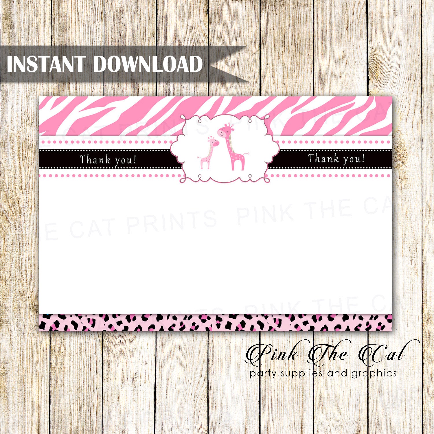 Pink giraffes thank you card girl baby shower printable