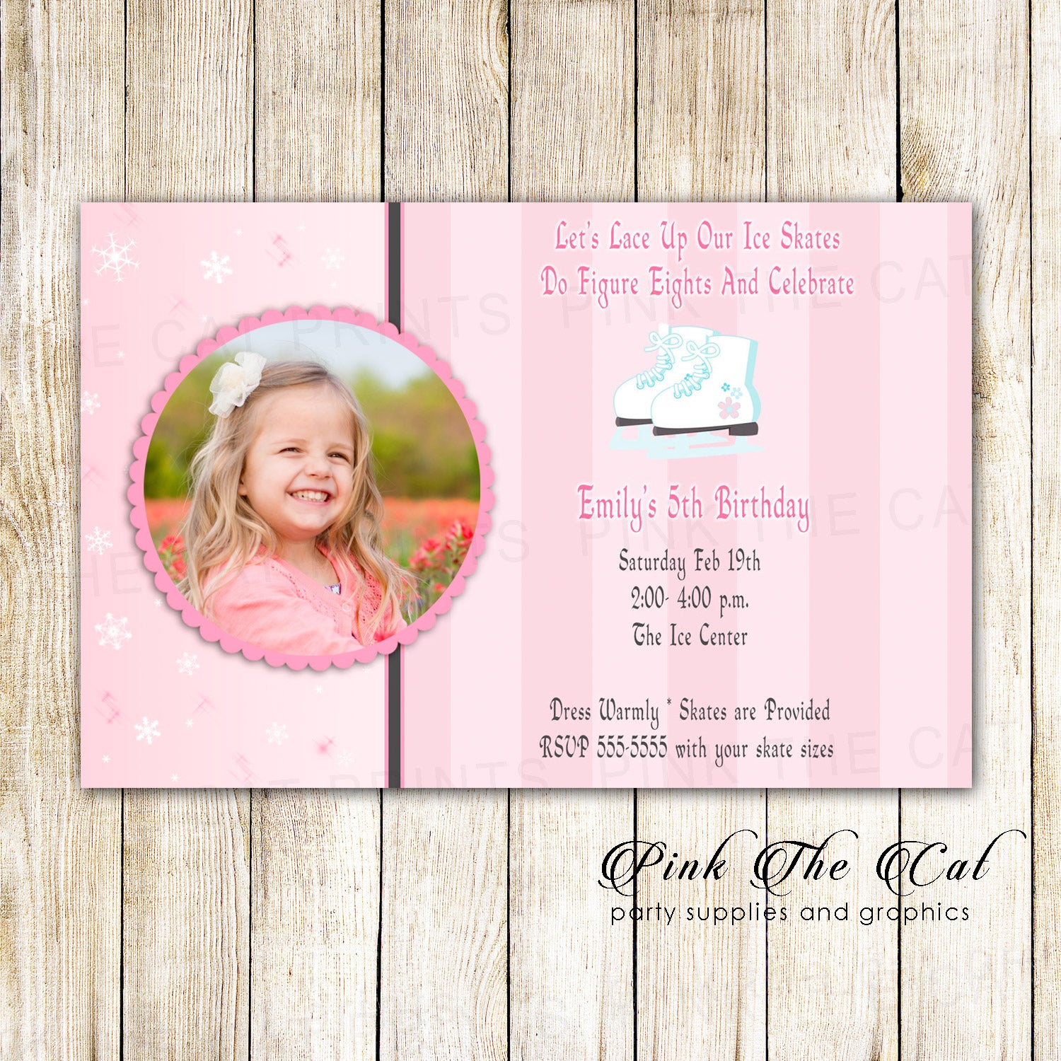 Ice Skating Girl Birthday Invitation Photo Card Pink Printable