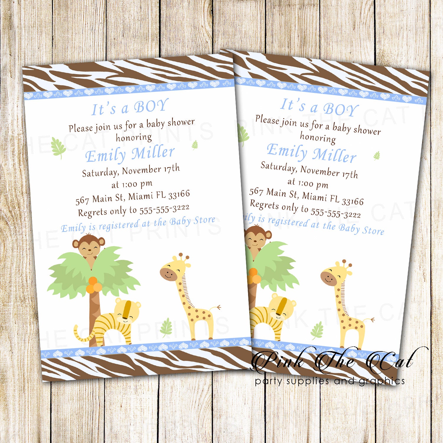 Jungle Baby Shower Invitation Boy Blue Brown Zebra Printable