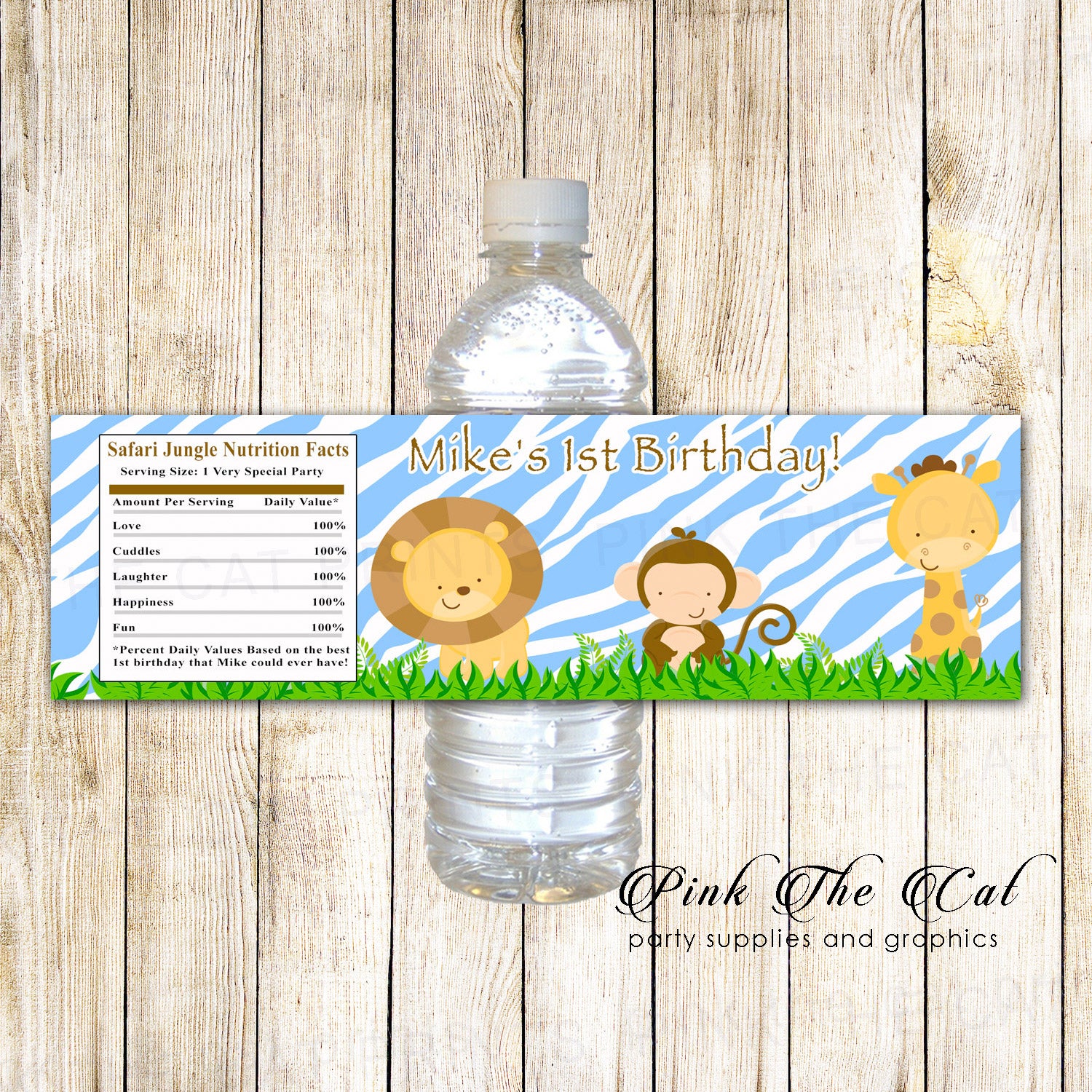 30 Bottle Labels Blue Zebra Jungle Birthday Baby Shower