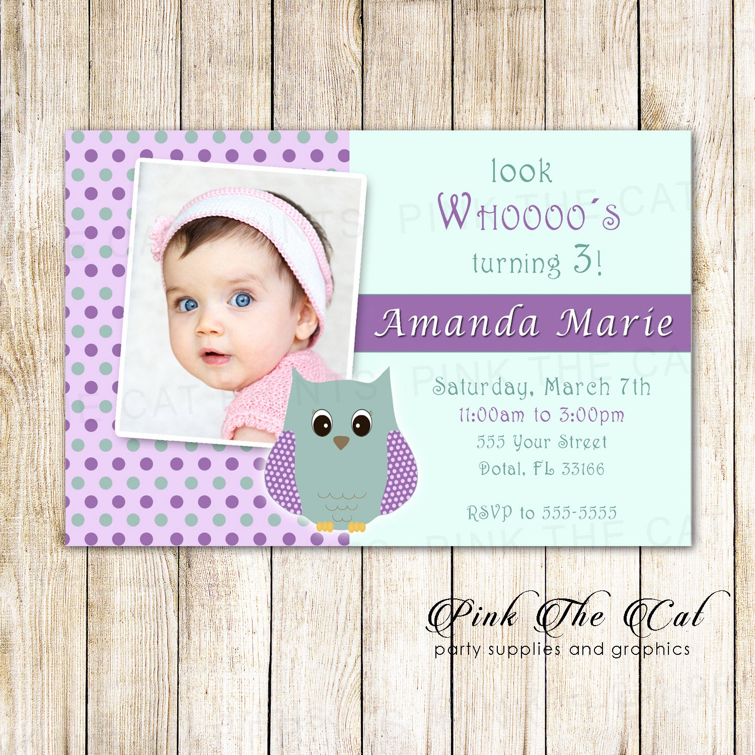 Owl Invitation Girl Birthay Party Purple Green Photo Card Printable