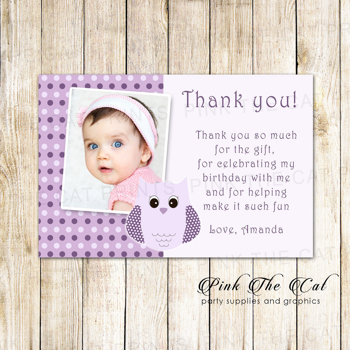 Owl Thank You Note Photo Card Purple Girl Birthday Printable