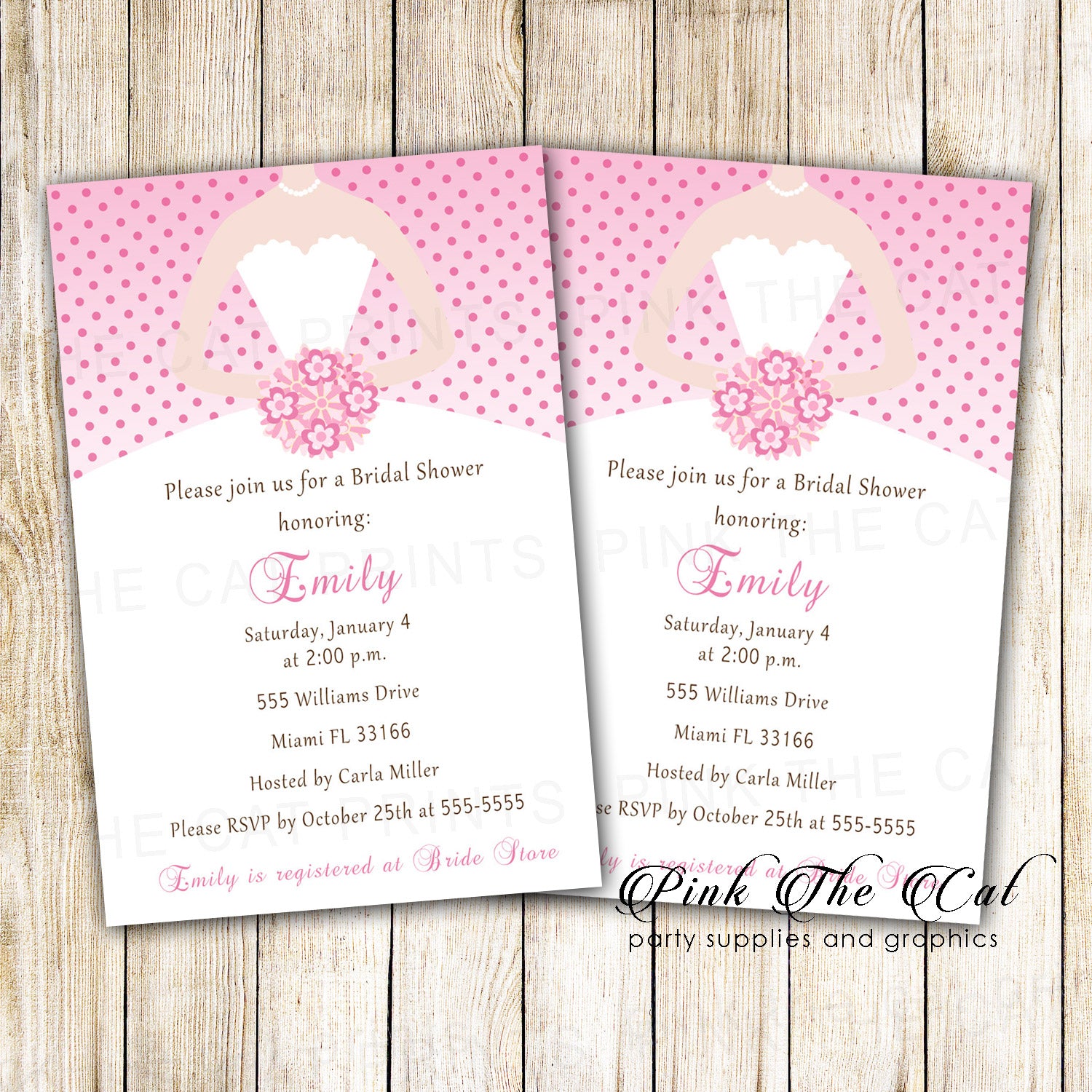 Dress Invitation Bridal Shower Sweet 16 Pink Polka Dots Printable