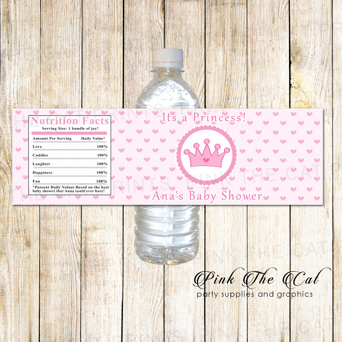 Princess Pink Hearts Bottle Labels Birthday Baby Shower Printable