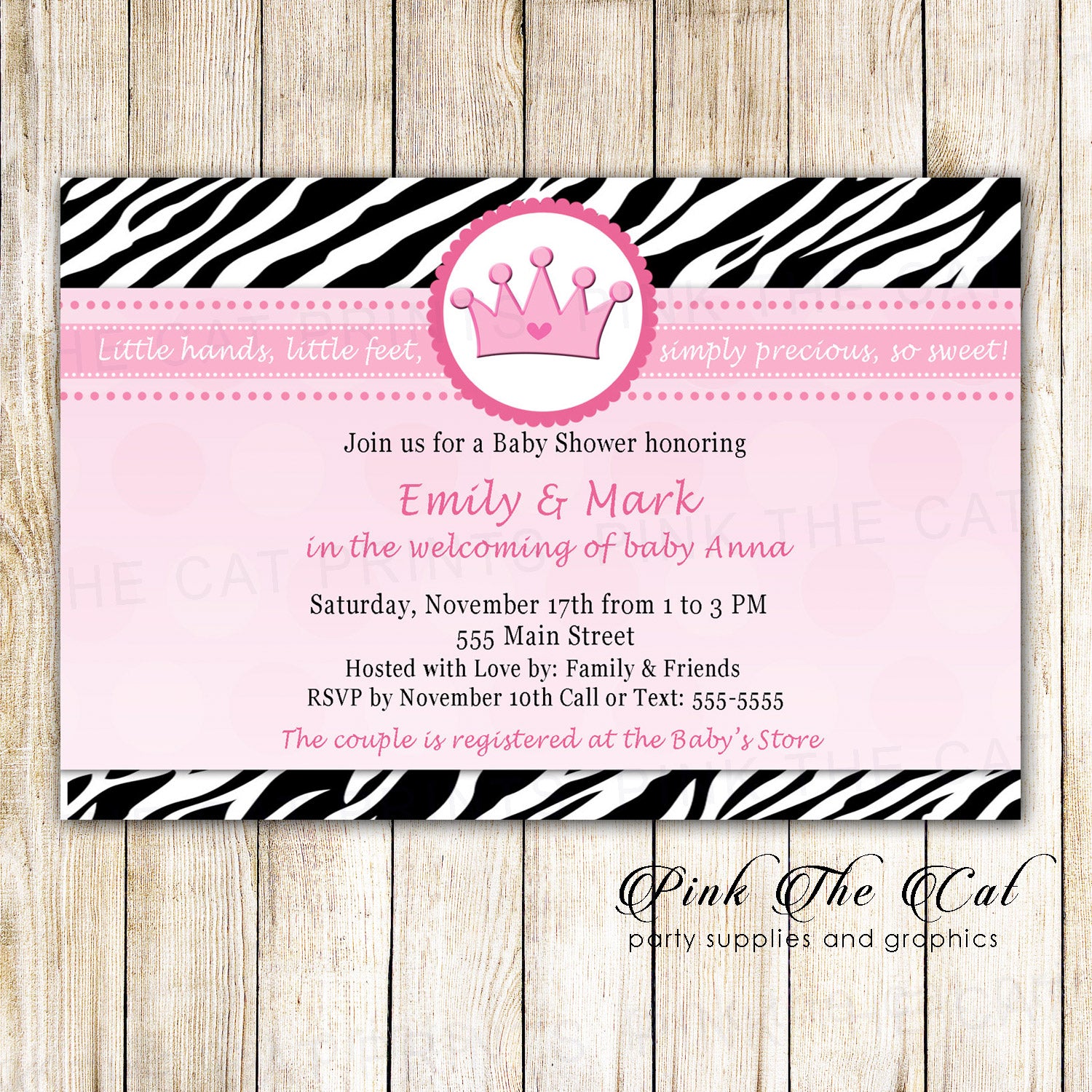 Princess Invitation Girl Birthday Baby Shower Zebra Pink
