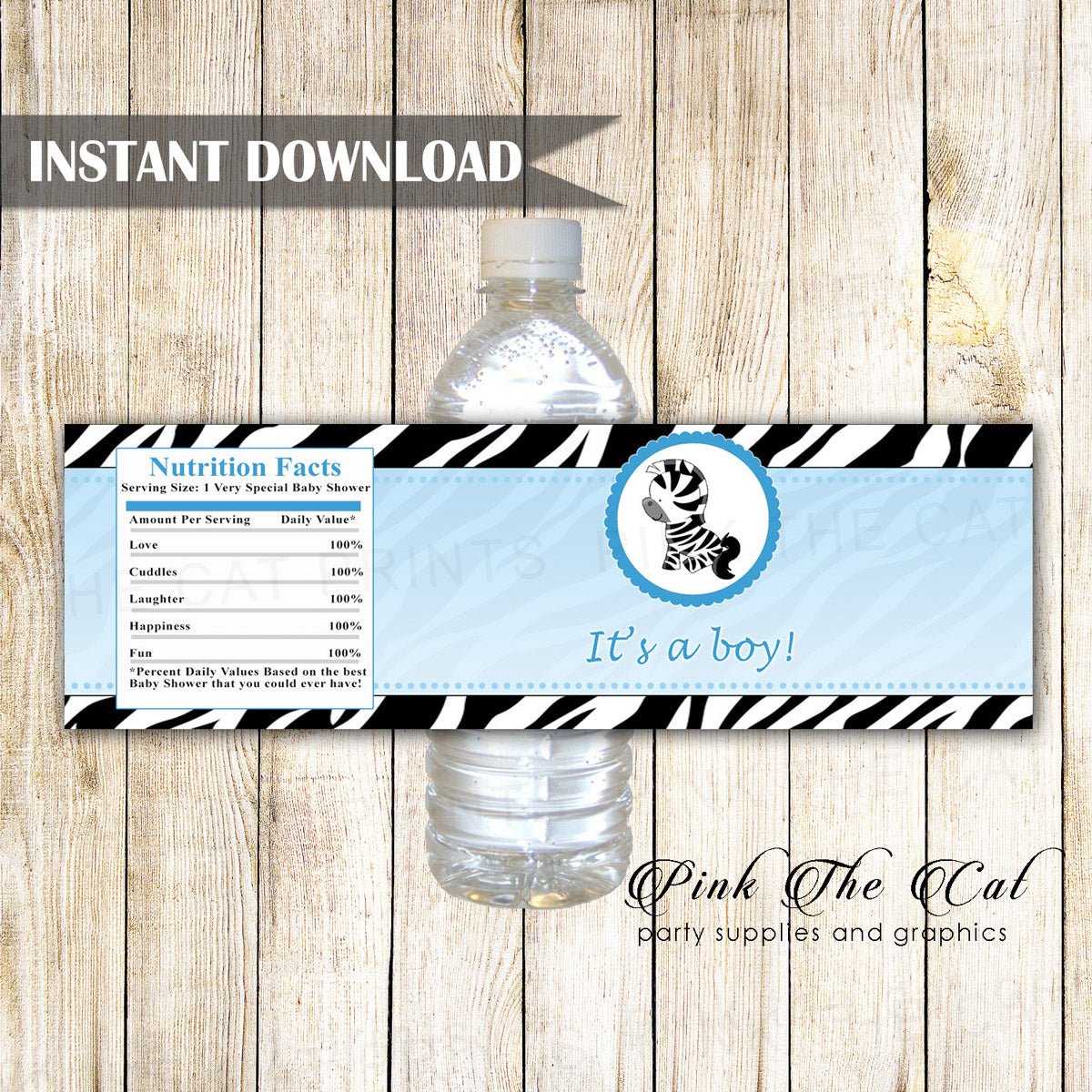 Blue Zebra Baby Shower Birthday Bottle Label Printable