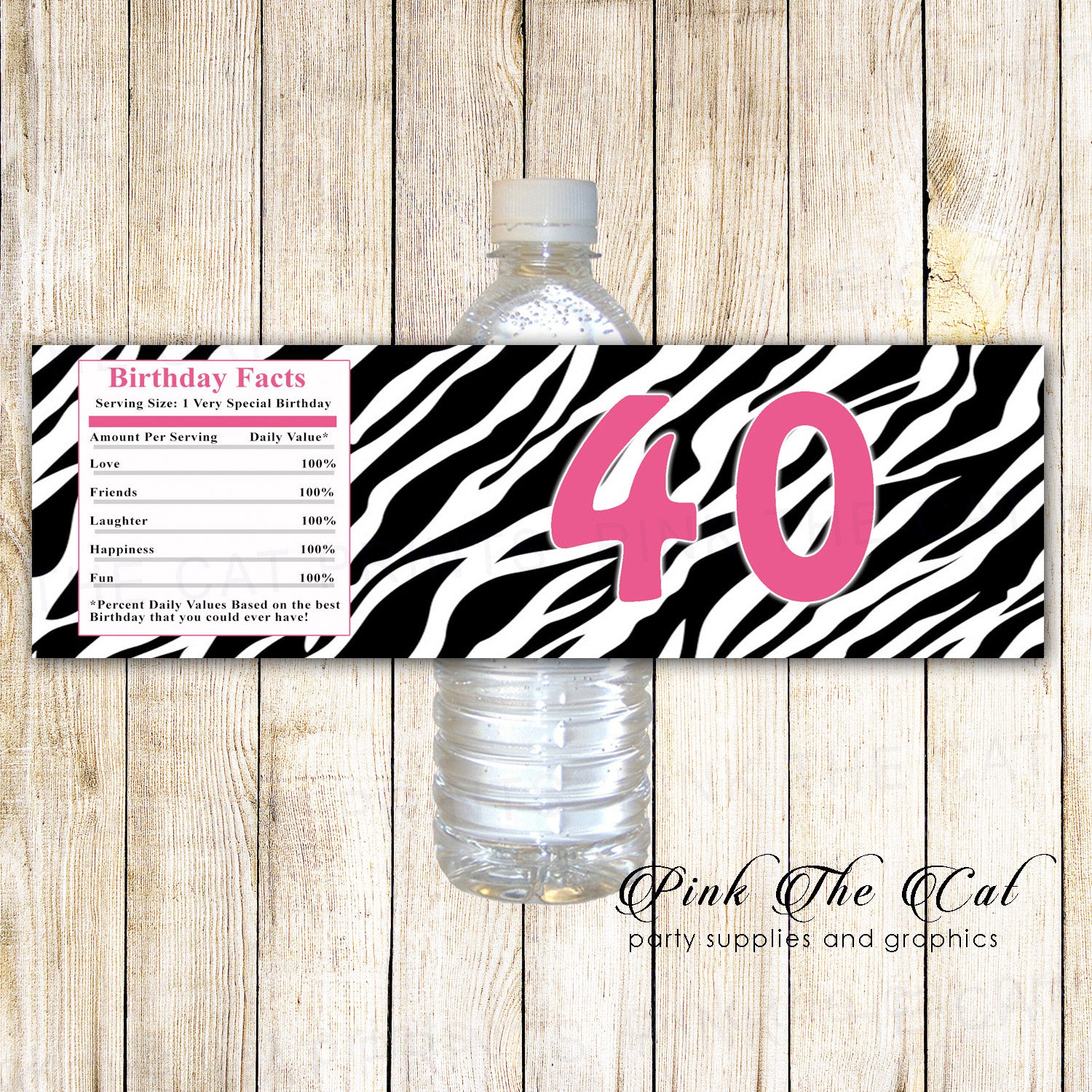 Zebra pink black adult birthday bottle label printable