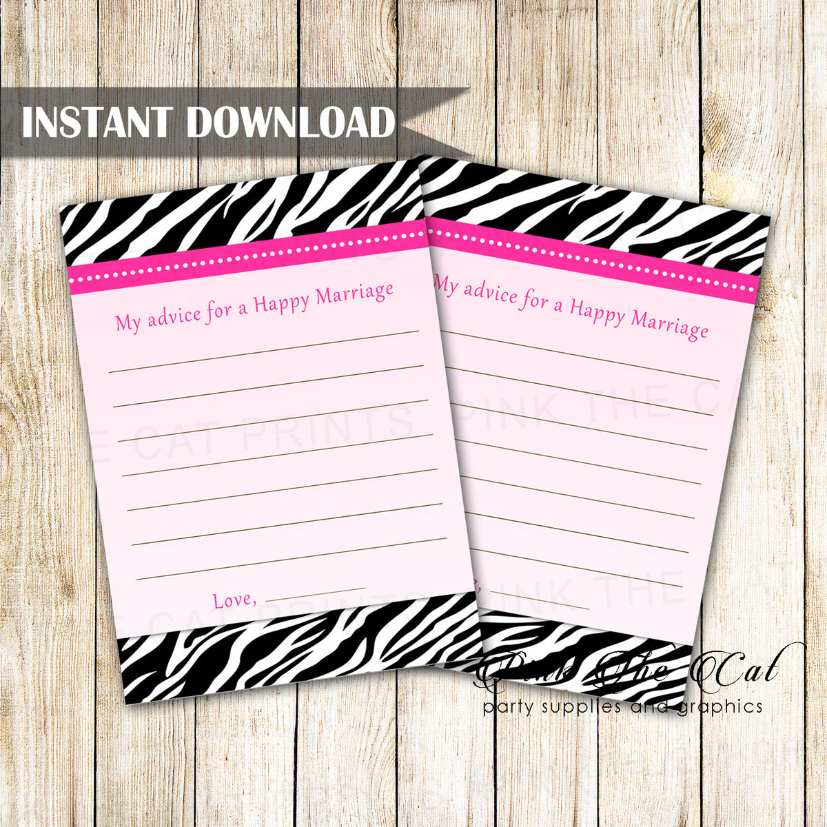 Zebra Pink Bridal Shower Advice Card Printable