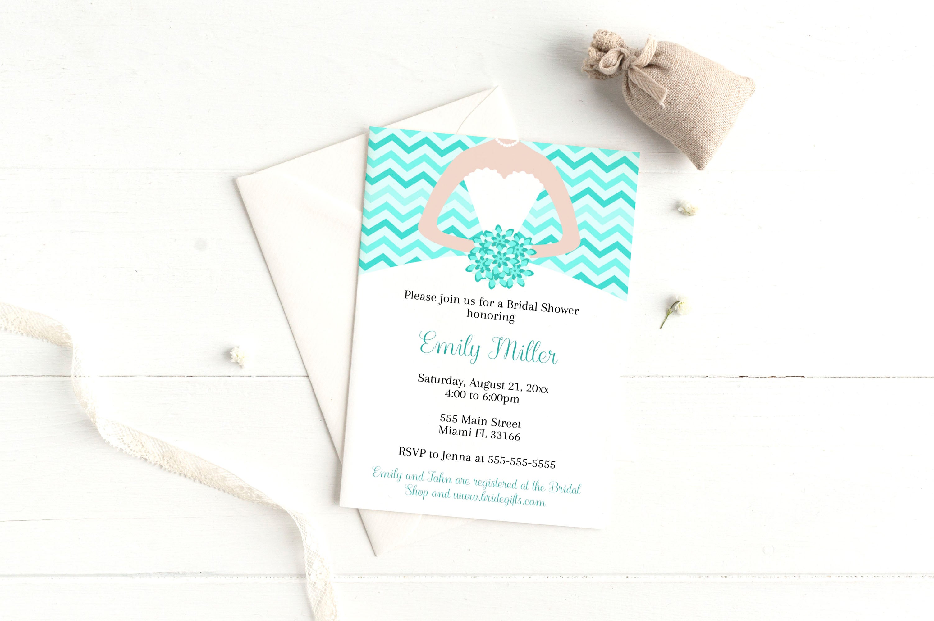 Dress invitation teal quiceanera sweet 16 or bridal shower