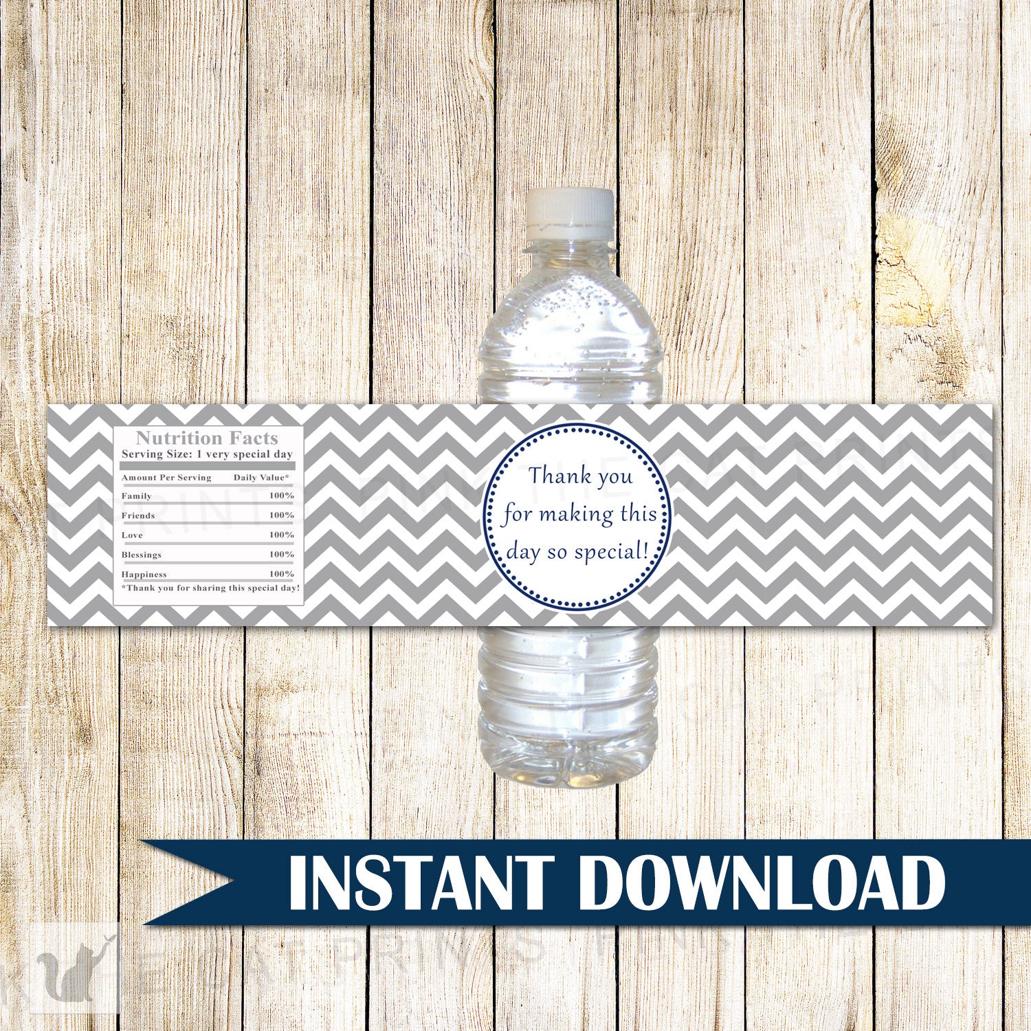 Grey Navy Blue Chevron Bottle Label Birthday Baby Bridal Shower