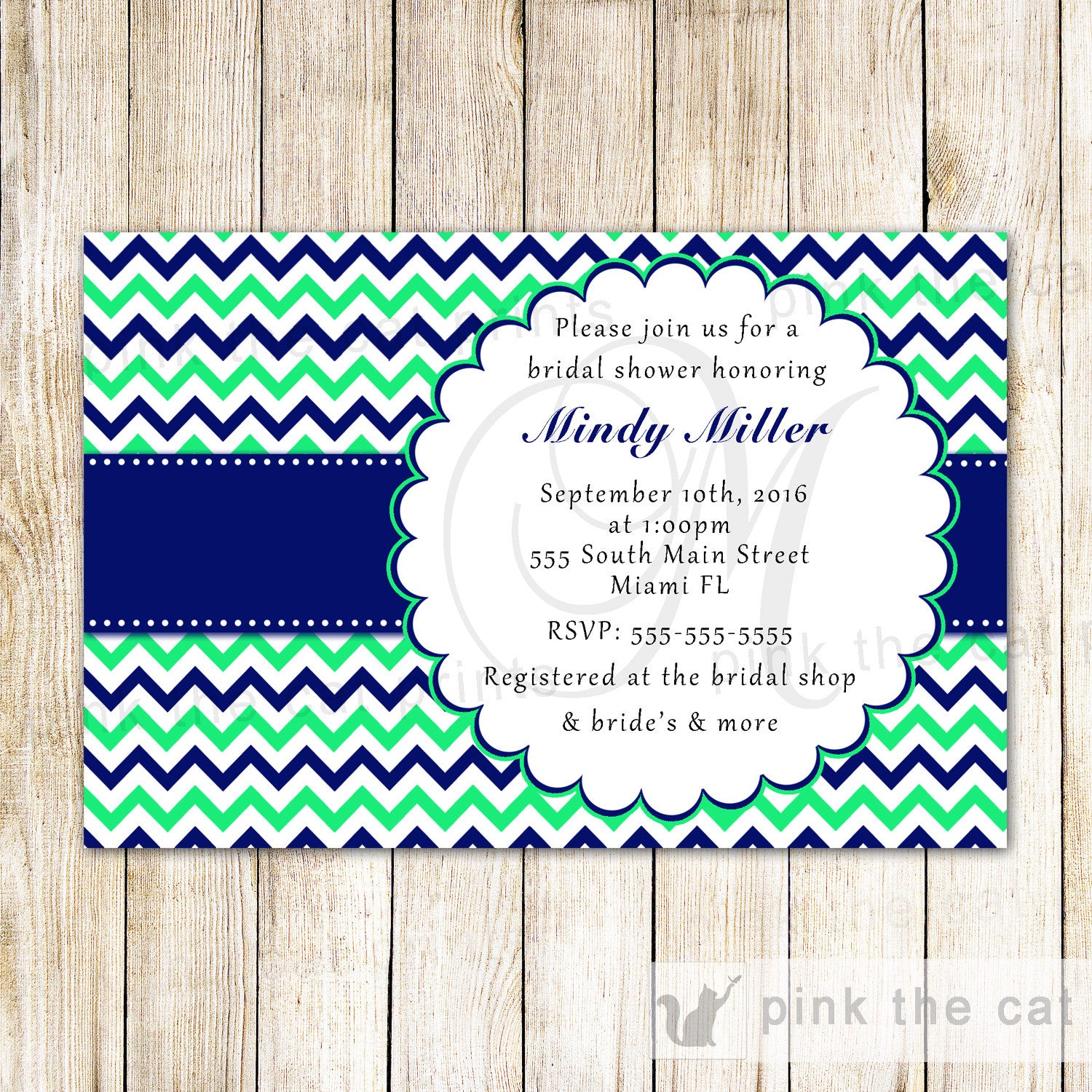 Navy Blue Green Invitation Birthday Bridal Baby Shower