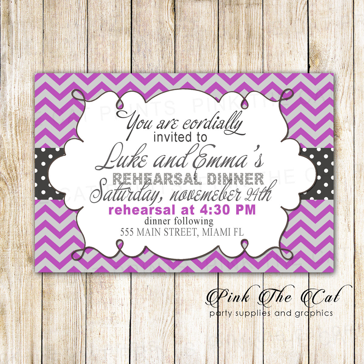 Rehearsal Dinner Invitation Blue Silver Chevron printed