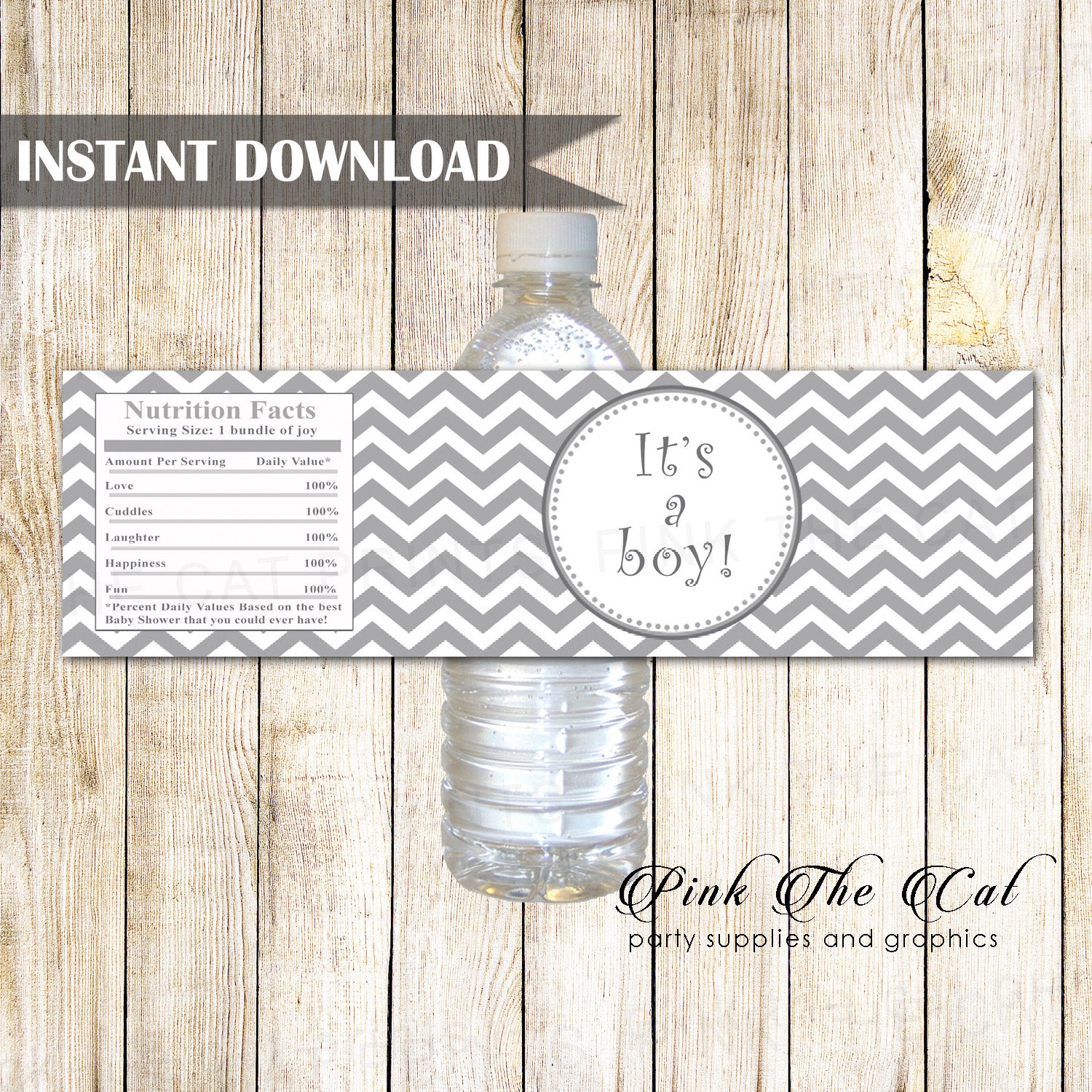 Grey Chevron Baby Shower Bottle Label for boys printable