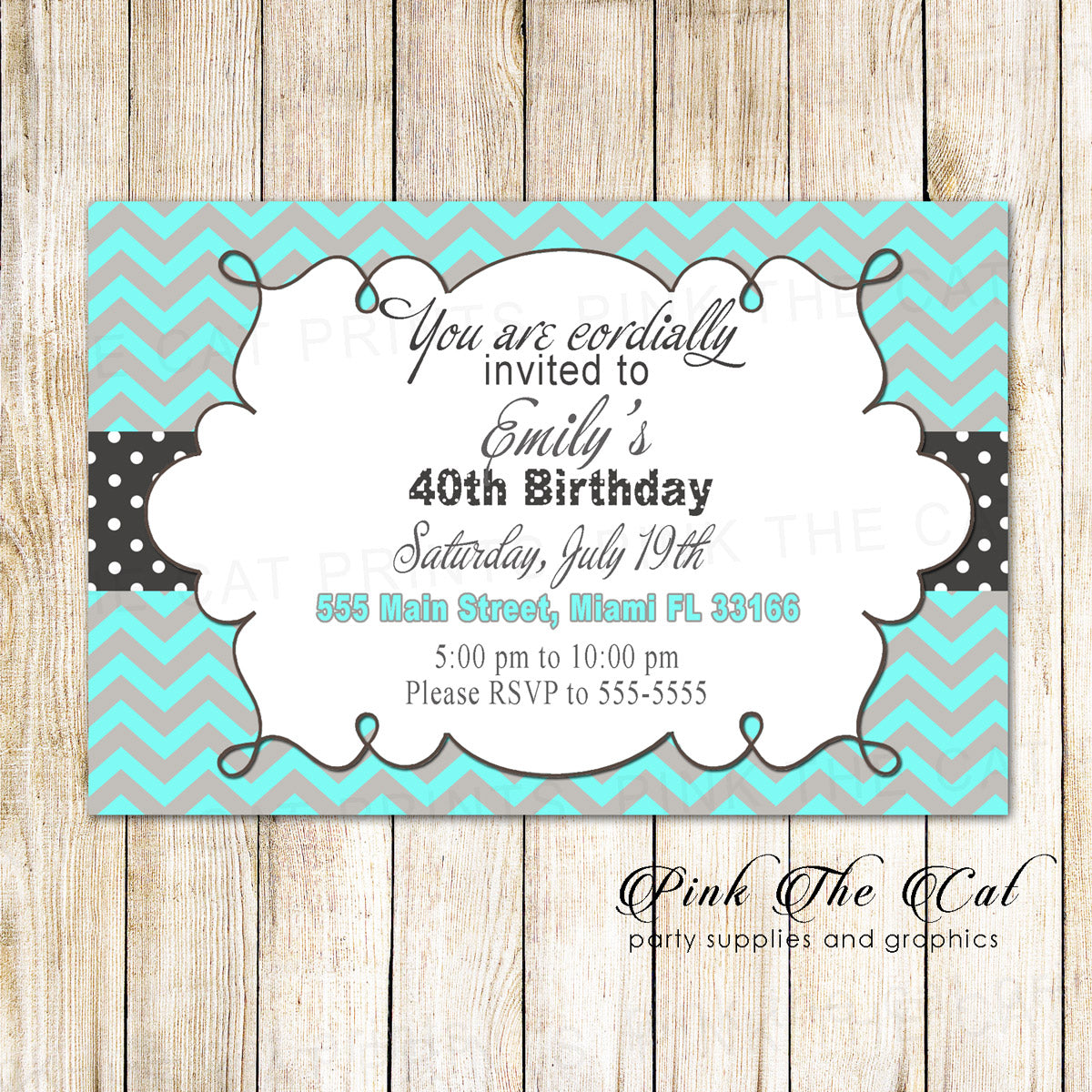 Teal Silver Chevron Invitation Adult Birthday