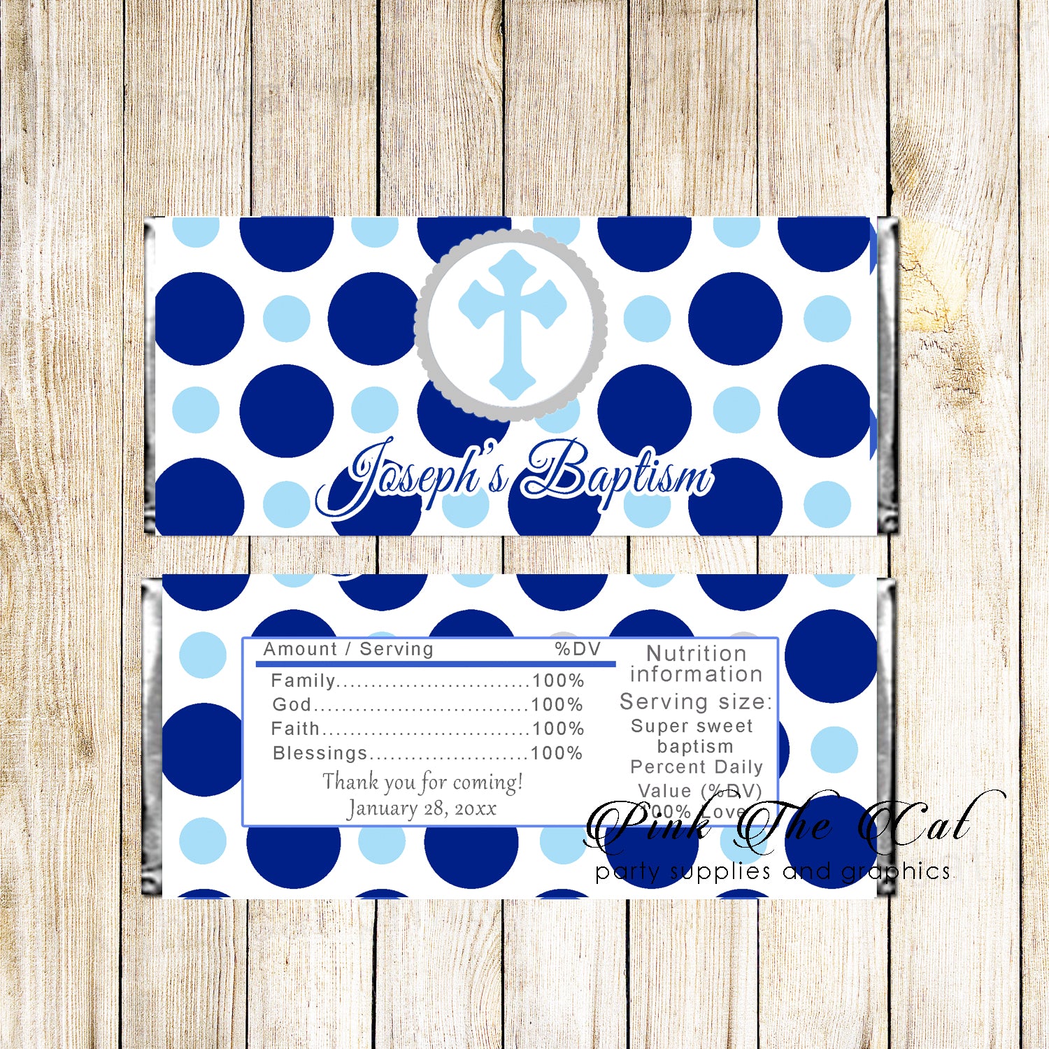 30 Candy Bar Wrappers Boy Baptism Christening Blue Dots