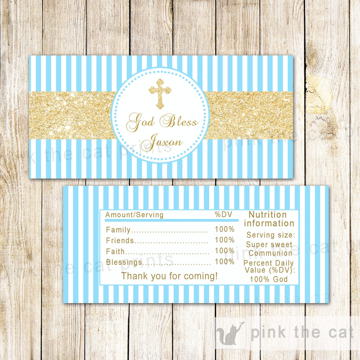 Gold Blue Boy Baptism Christening Communion Candy Bar Wrapper