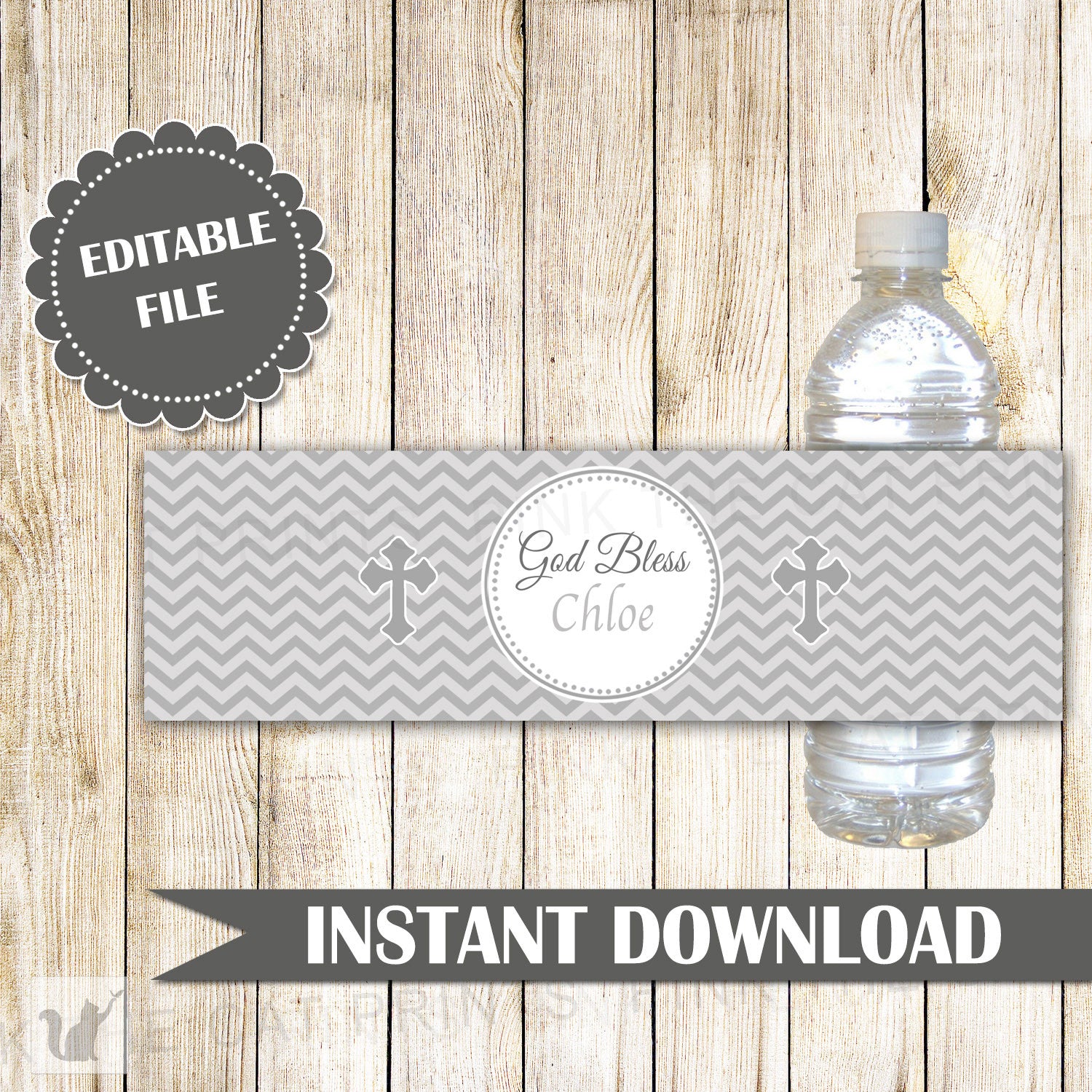 Grey Bottle Label Christening Baptism First Communion Boy Girl