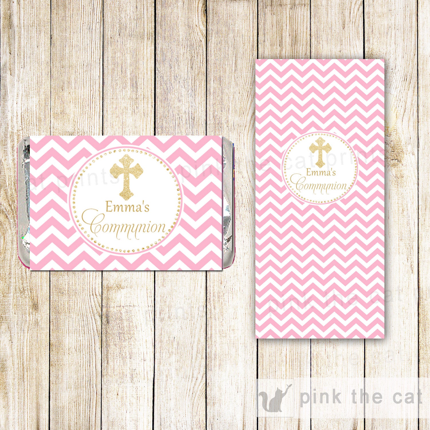 Mini Candy Wrapper Label Pink Gold Baptism Communion