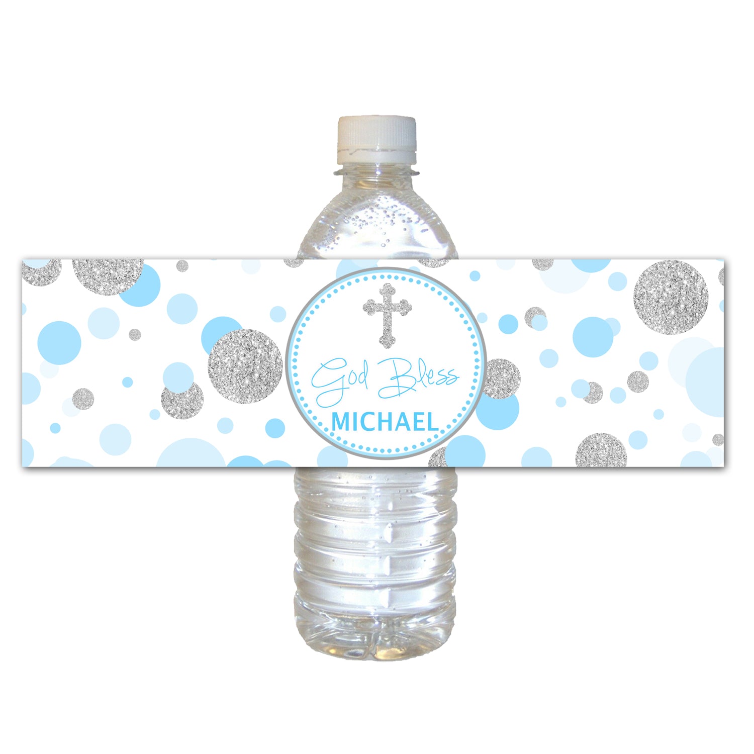 30 Baptism Christening Bottle Labels Stickers Blue Silver Confetti