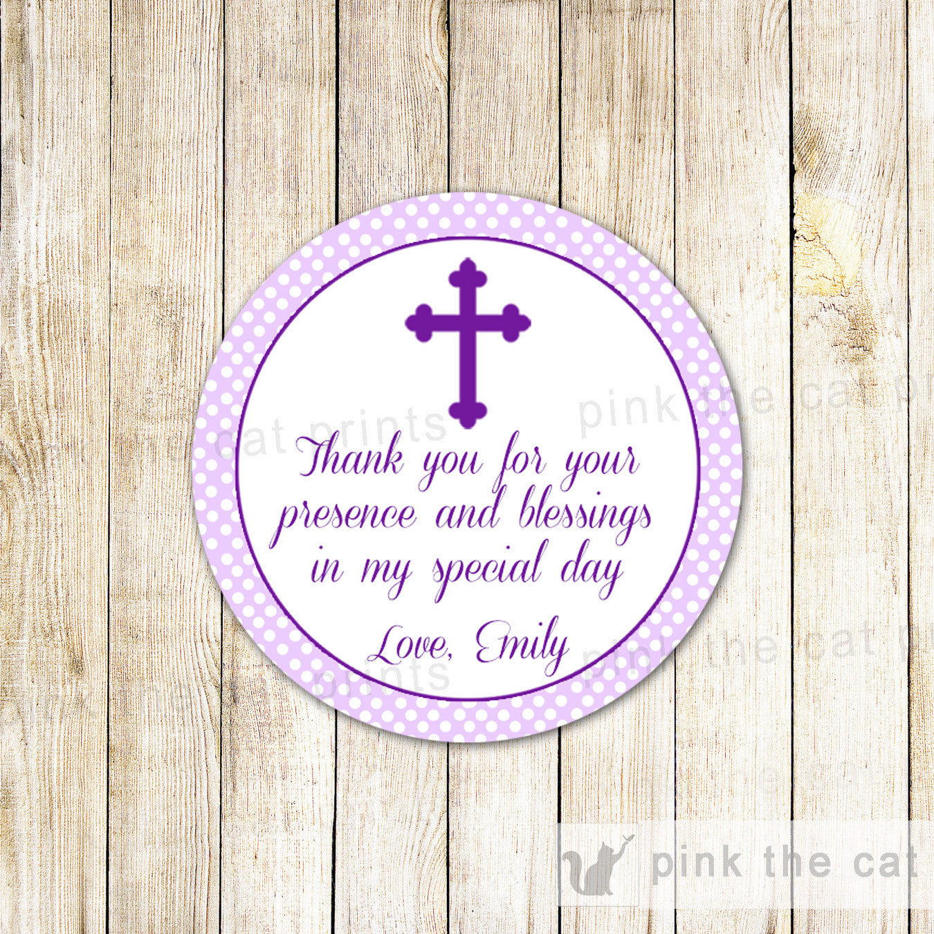 purple christening labels