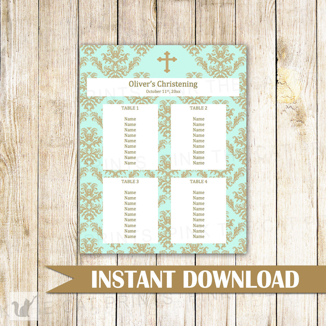 mint green gold baptism seating chart