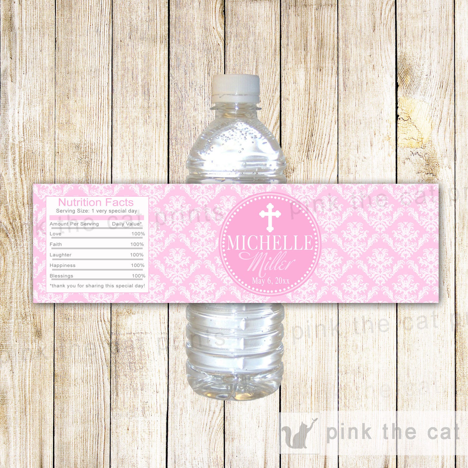 Bottle Labels First Holy Communion Baptism Pink