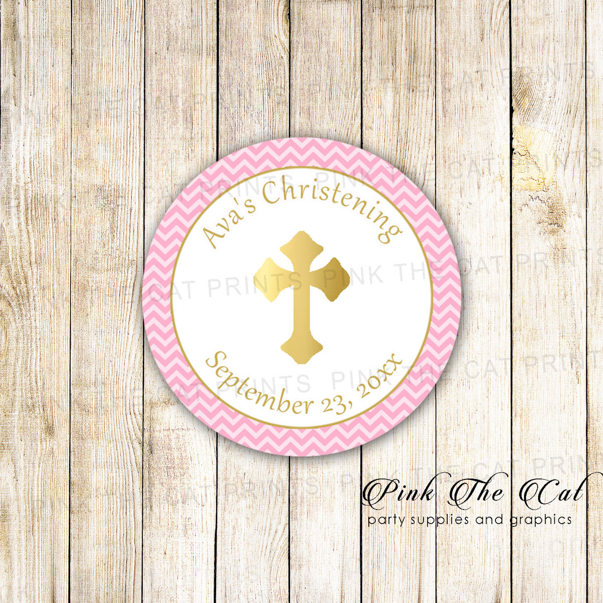 Gold pink christening baptism favor label sticker printable