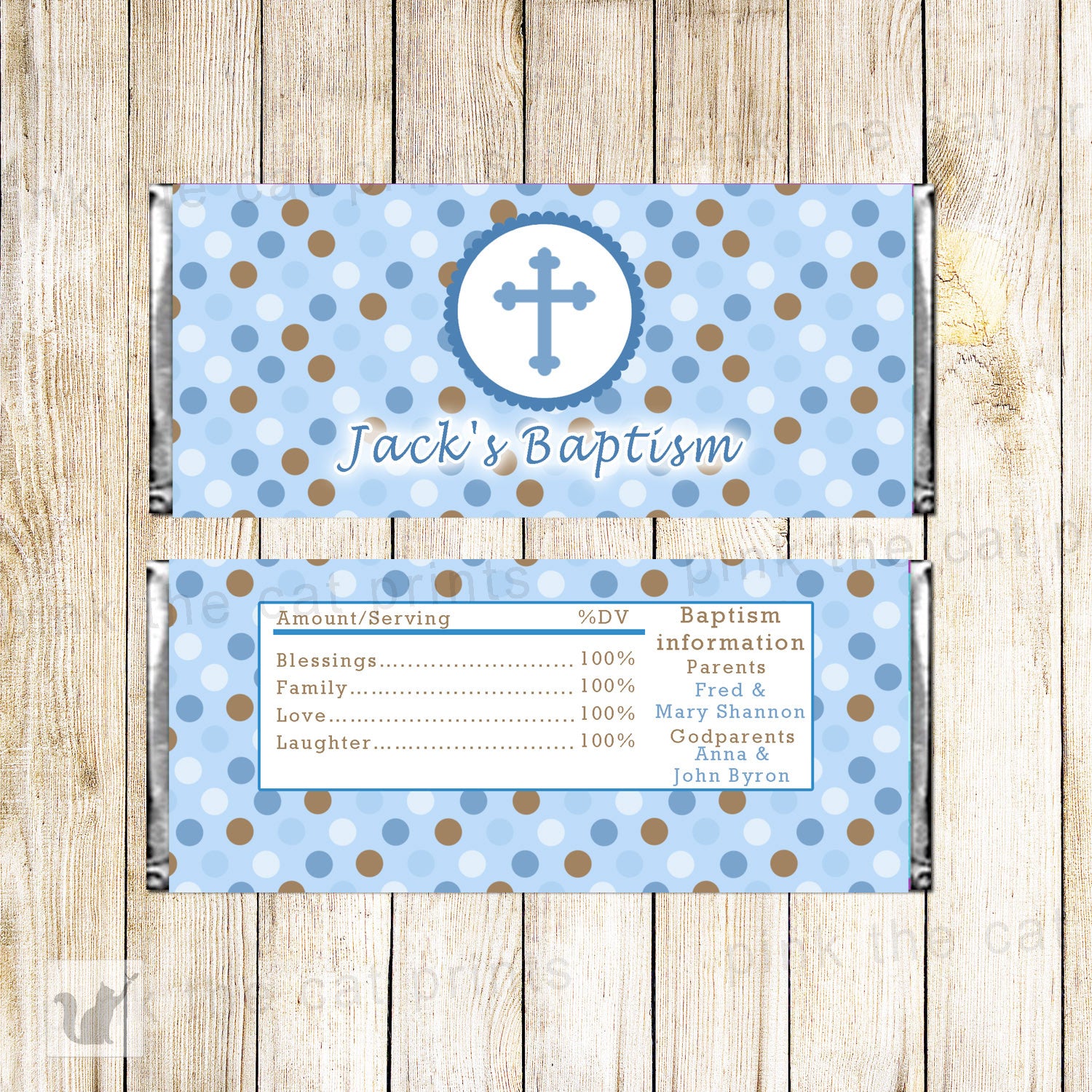 50 Candy Bar Wrappers  Boy Baptism Christening Blue Brown