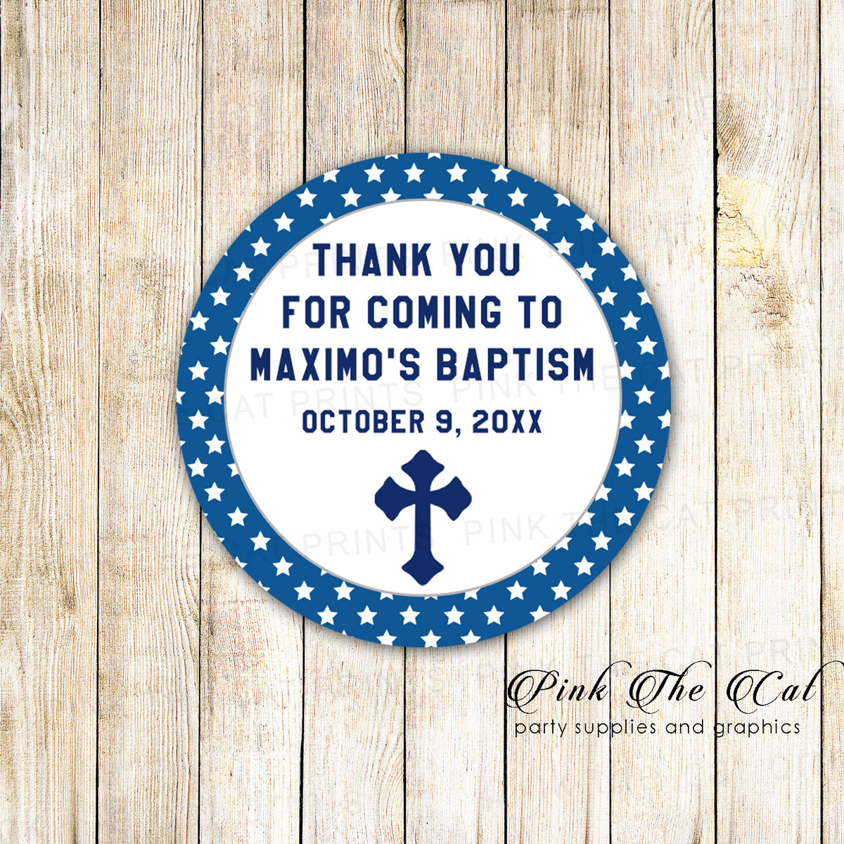 White blue stars christening baptism favor label sticker printable