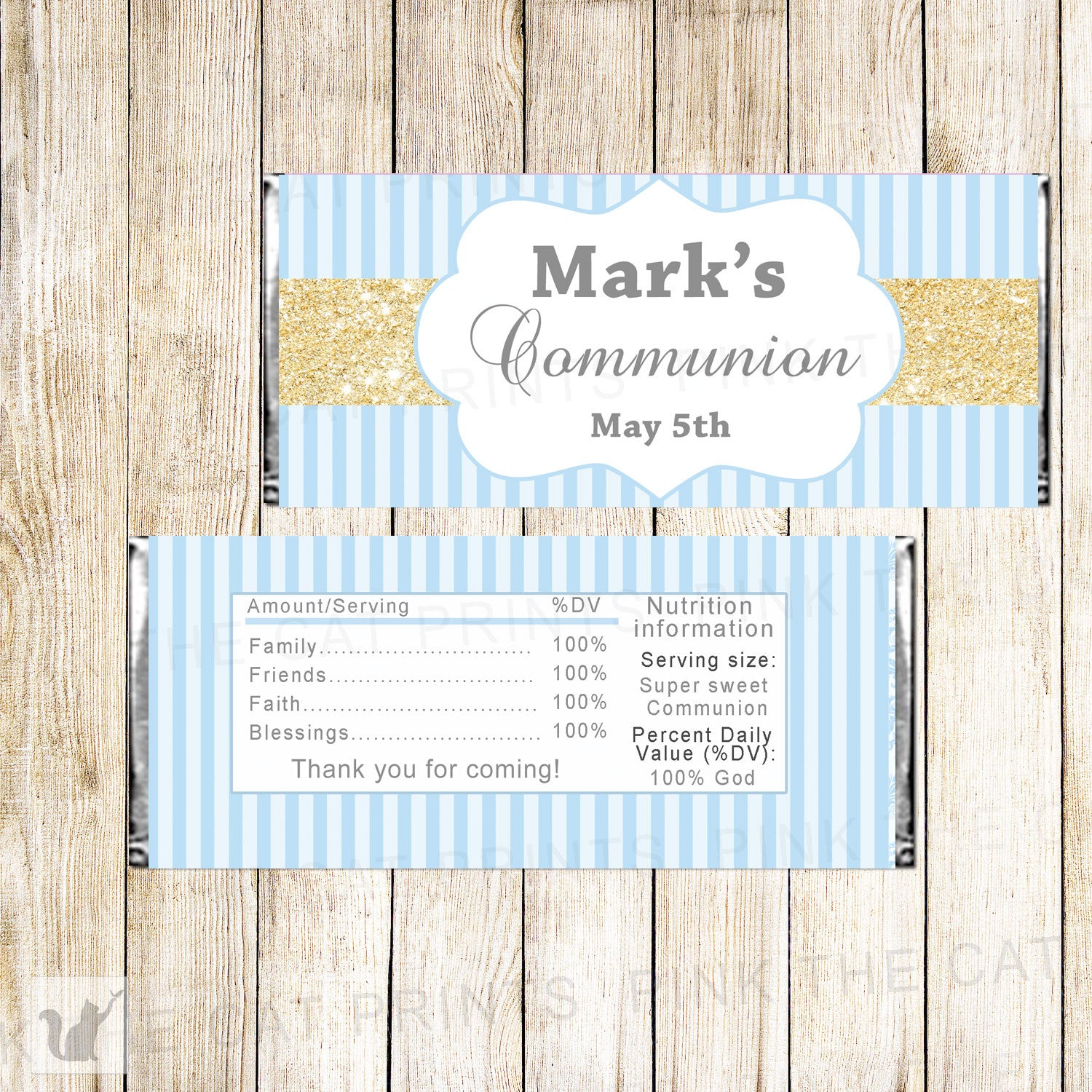 Blue Glitter Fold Boy Baptism Christening Communion Candy Bar Wrapper Label