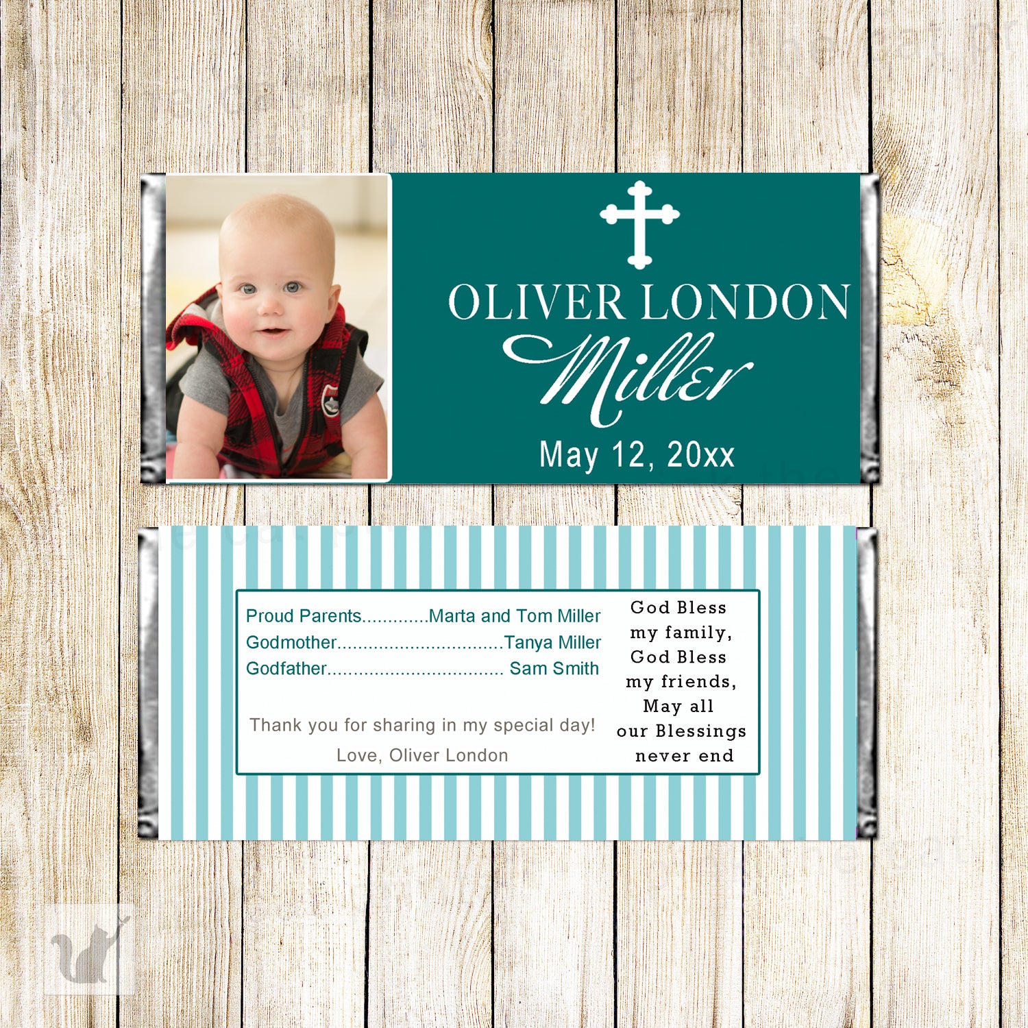 30 candy bar wrappers teal baptism christening with photo