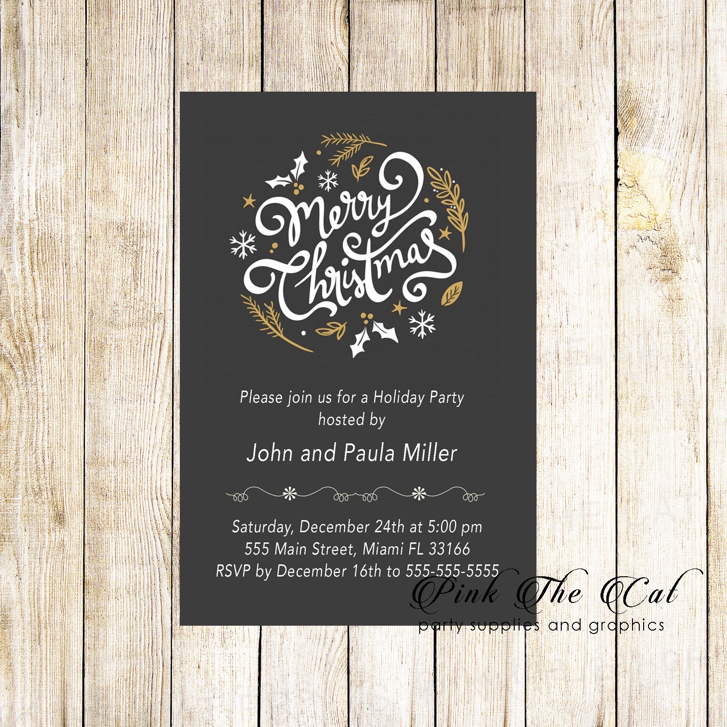 Holiday christmas party invitations black gold wreath printable