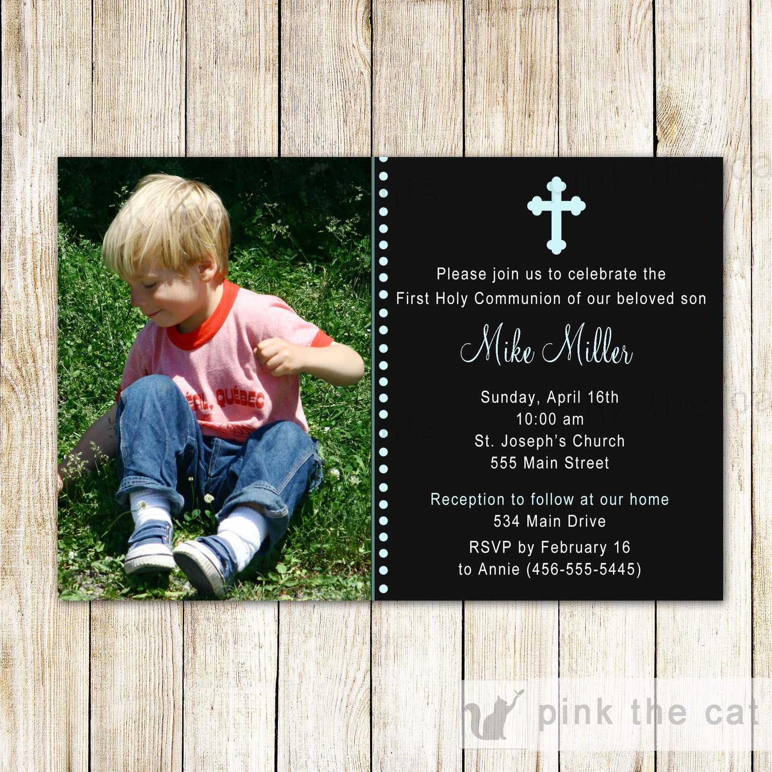 Boy 1st Holy Communion Invitation Blue Black Cross Photo Card