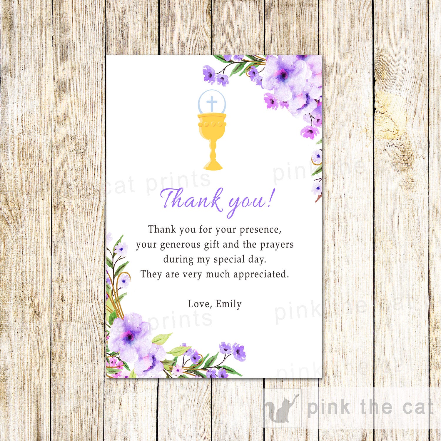 Boho Thank You Card Note First Communion Lavender