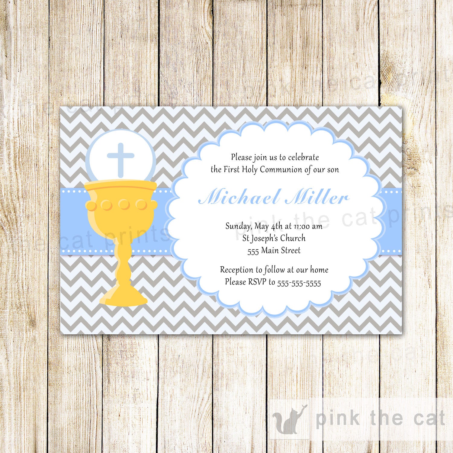 Boy 1st Holy Communion Invitation Blue Grey Chevron Gold Chalice