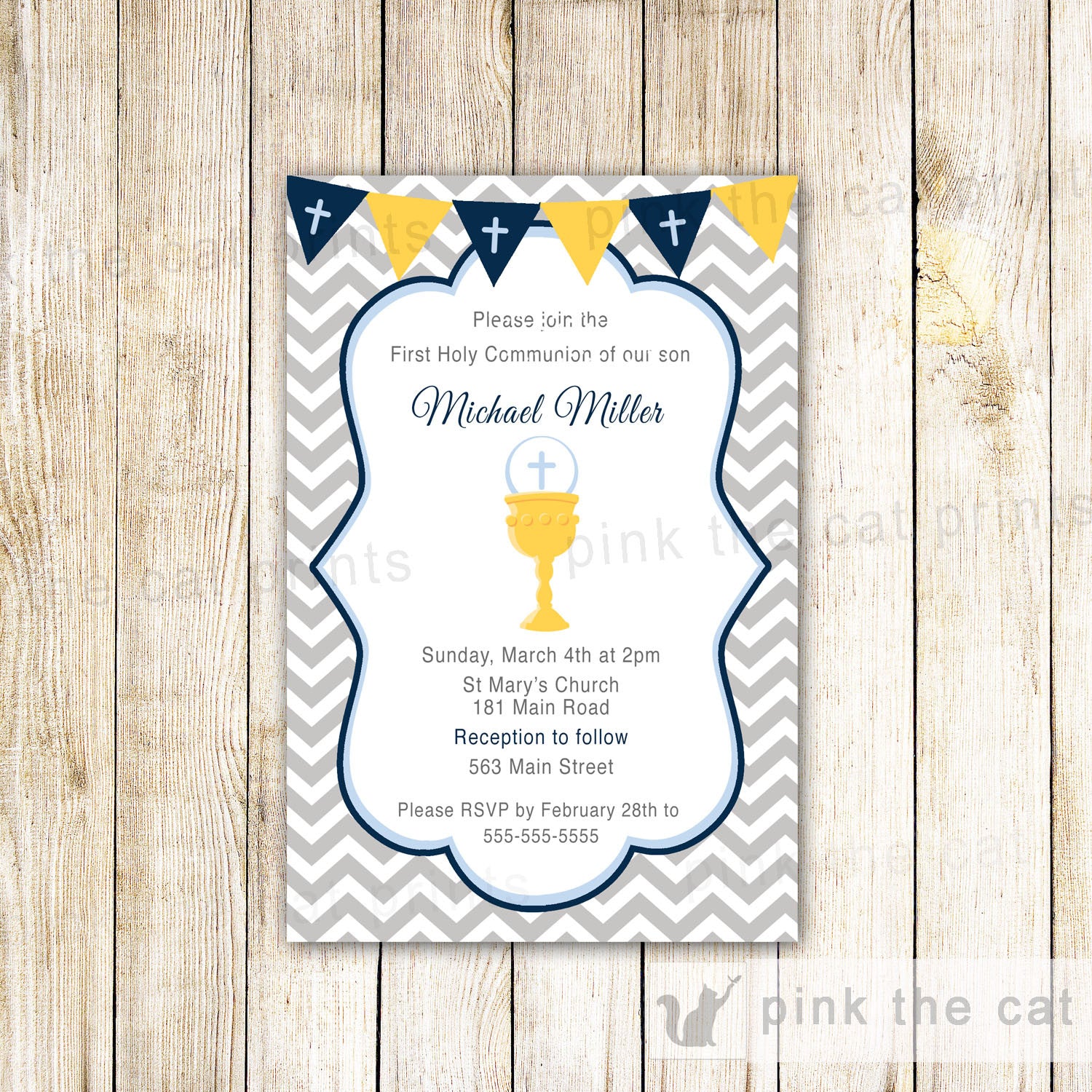 Boy 1st Holy Communion Invitation Navy Blue Grey Chevron Flag Banner Chalice