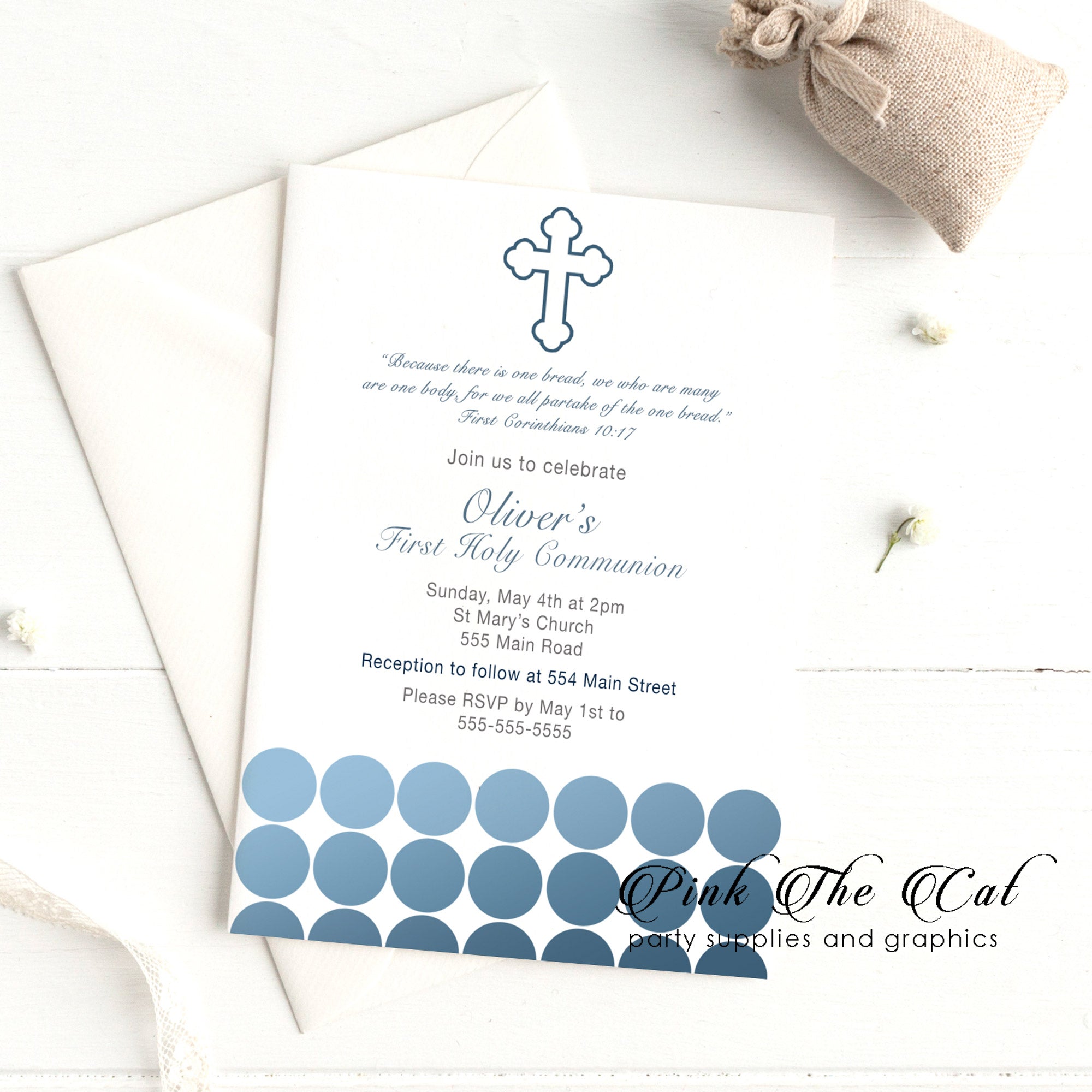 Boy first communion invitations blue dots printable 