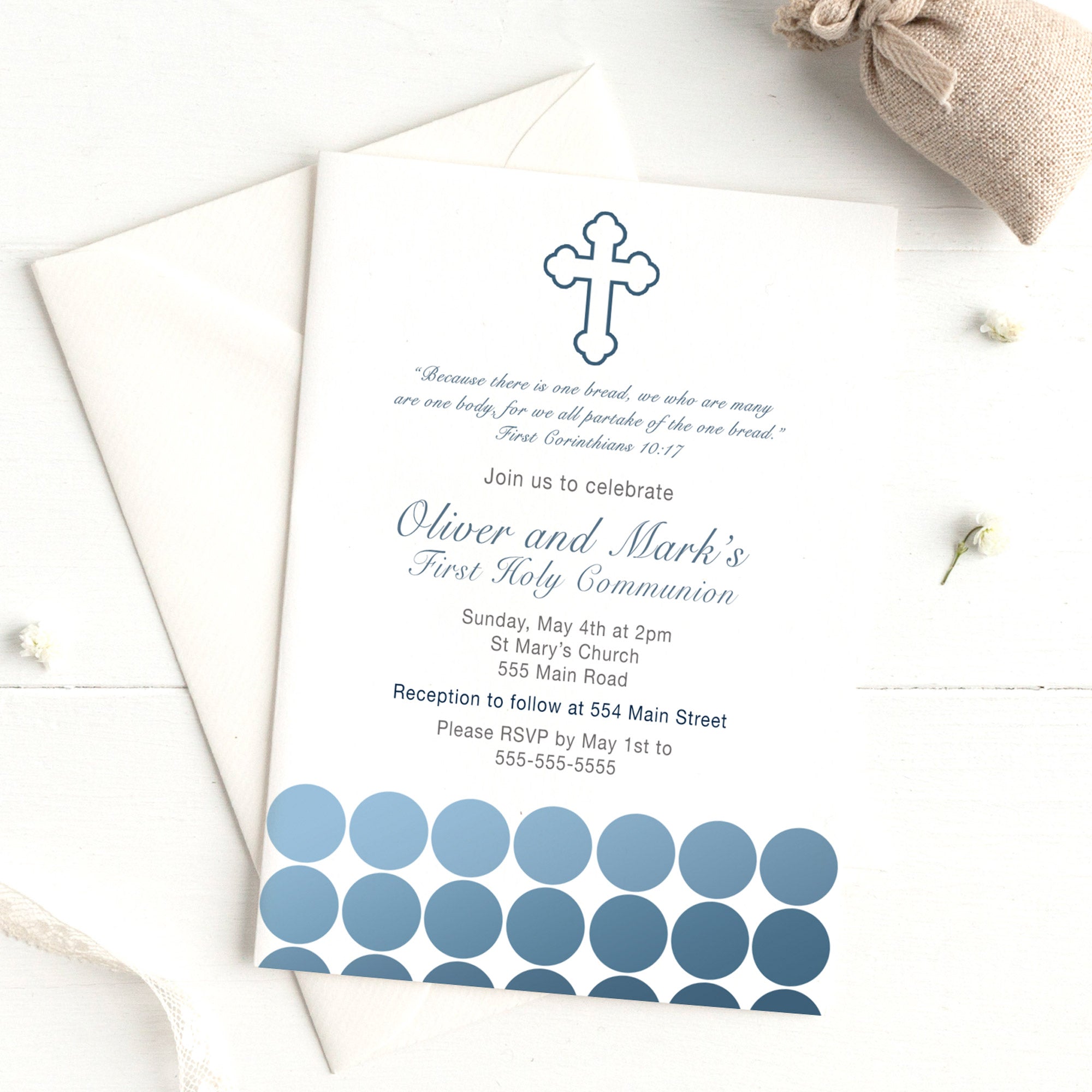 Boy first communion invitations blue dots printable